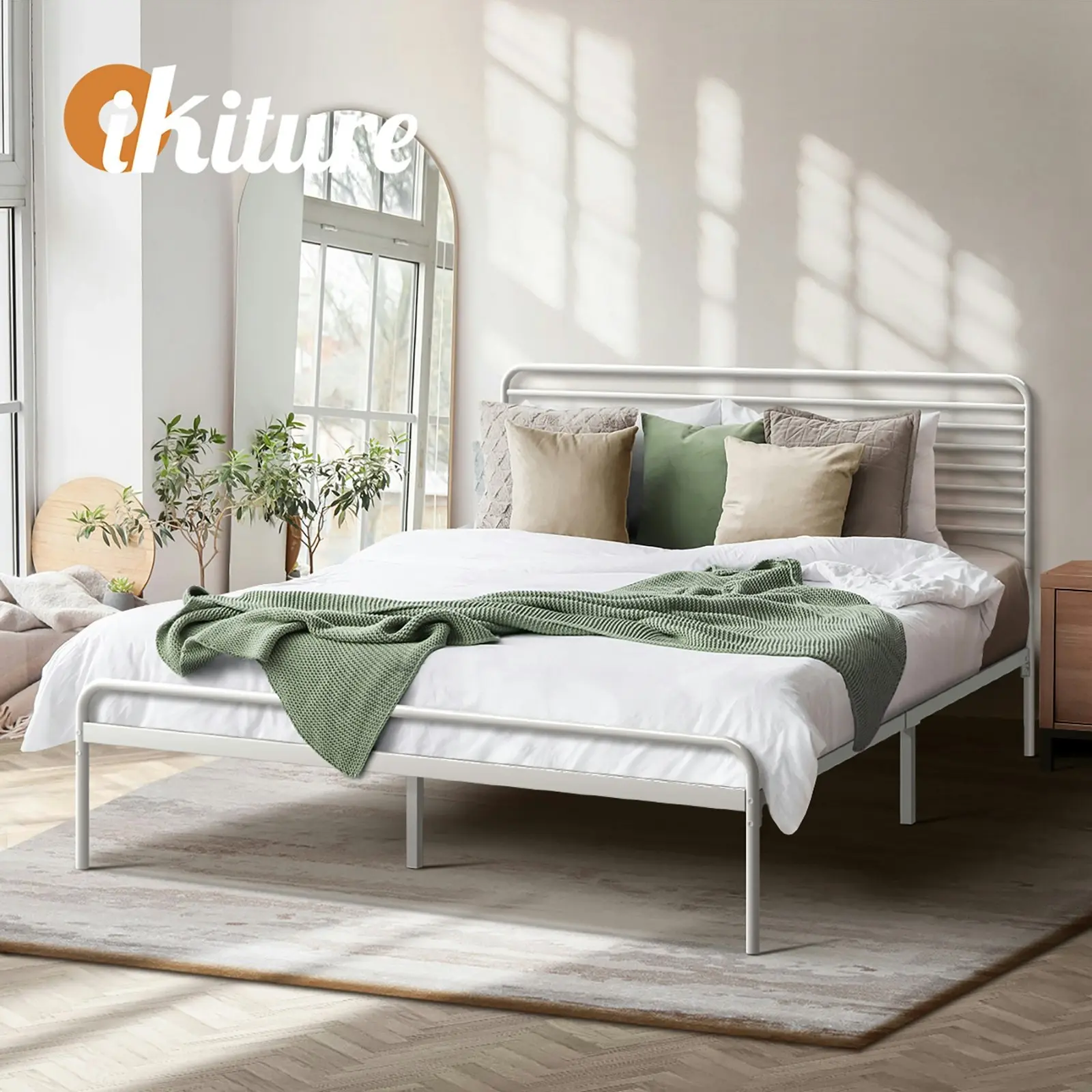 Oikiture Metal Bed Frame Queen Size Bed Base Beds Platform White