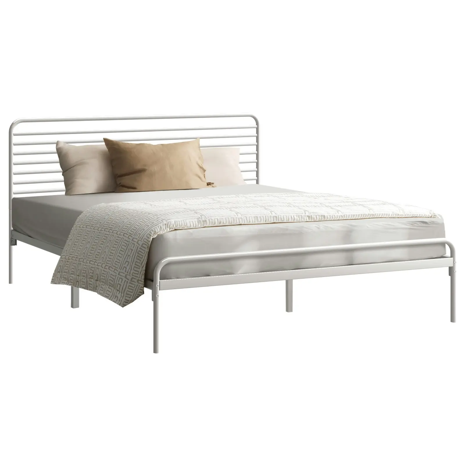 Oikiture Metal Bed Frame Queen Size Bed Base Beds Platform White