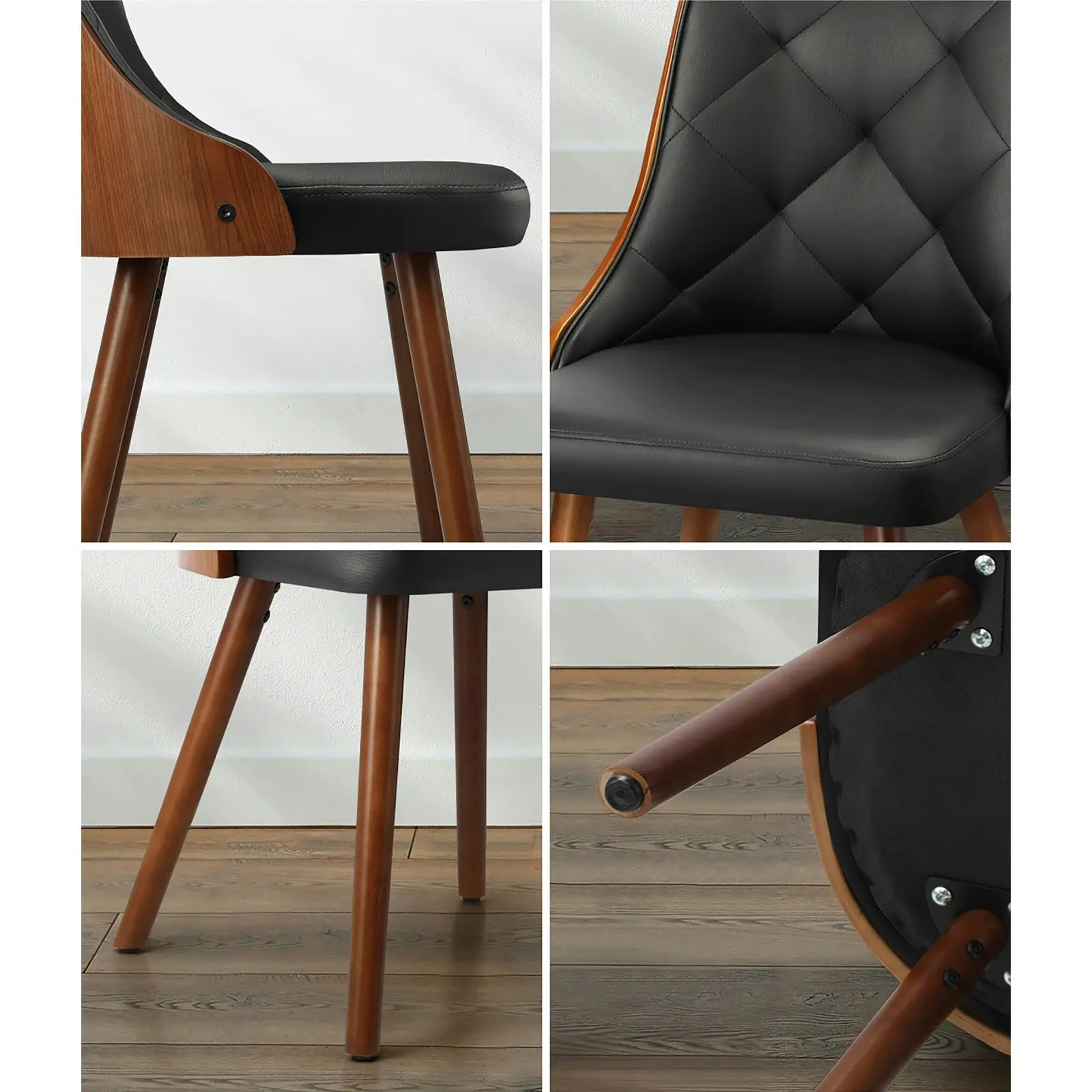 Oikiture 6x Dining Chairs Wooden Chair Kitchen Cafe Faux Leather Padded Black