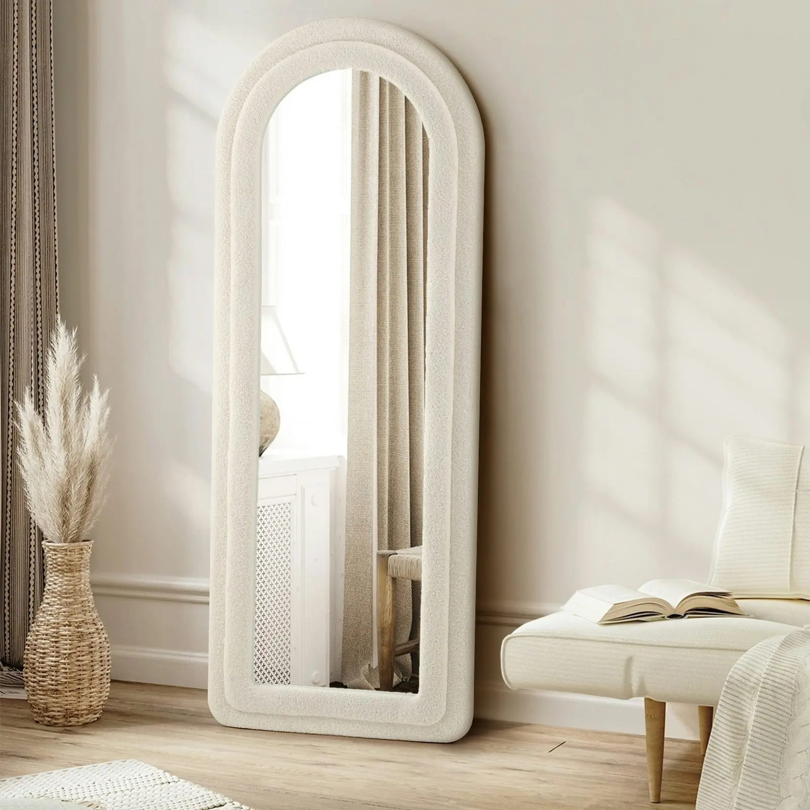 Oikiture Full Length Mirror 160x60cm White Boucle Floor Standing Dressing Mirrors Bedroom