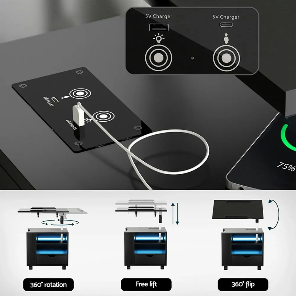 Artiss Bedside Table USB Charging with LED Adjustable Laptop Tray - TALA