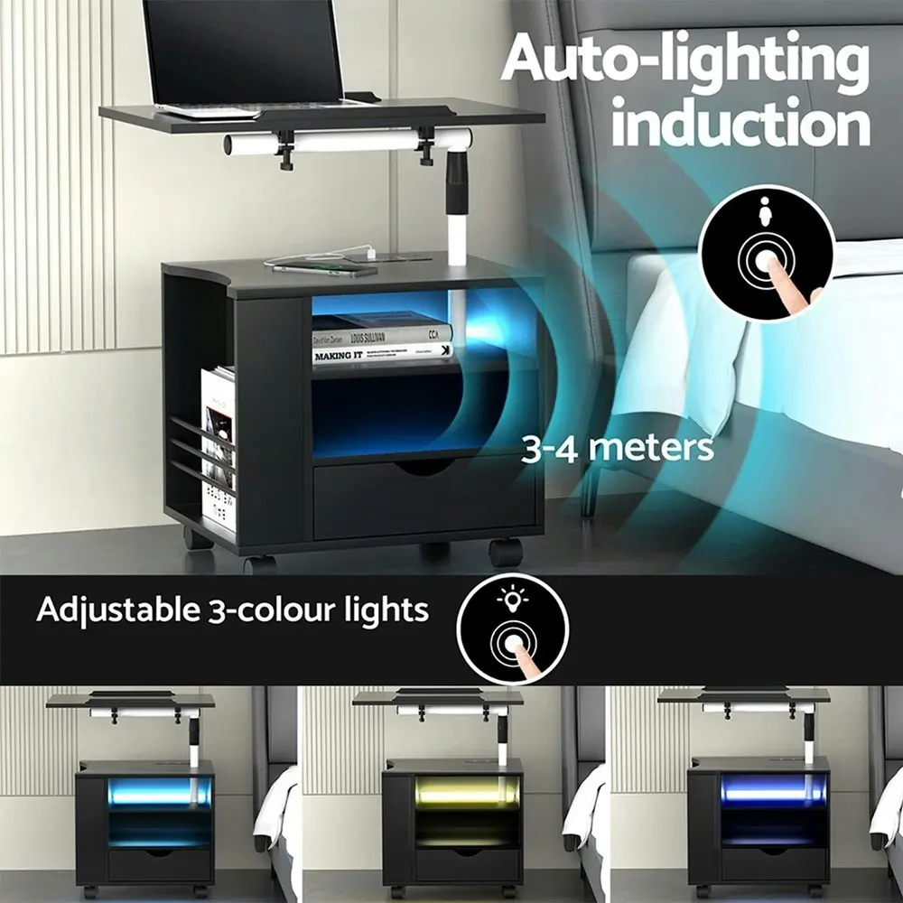 Artiss Bedside Table USB Charging with LED Adjustable Laptop Tray - TALA