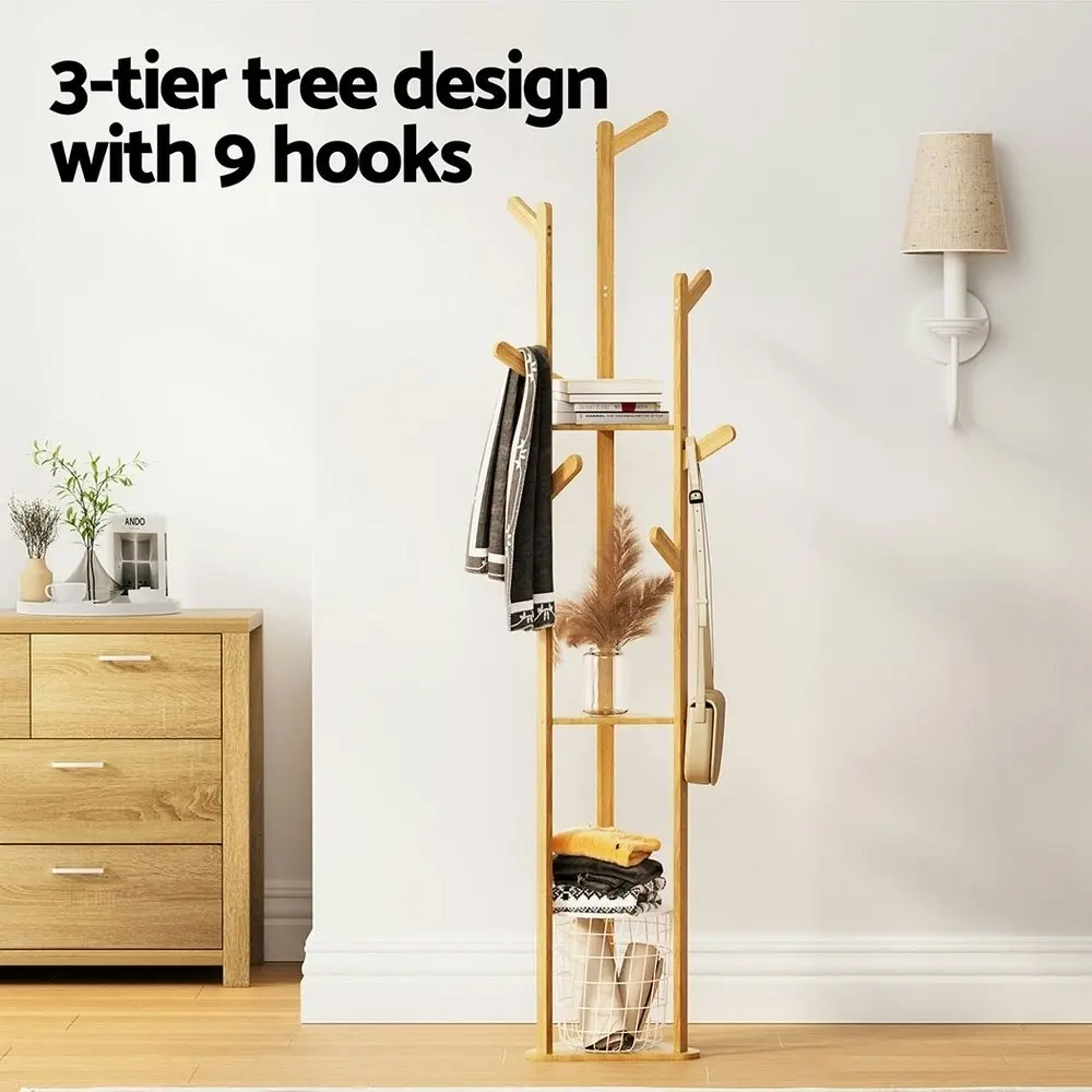 Artiss Clothes Rack Coat Stand 9 Hooks Tree Shelf Bamboo