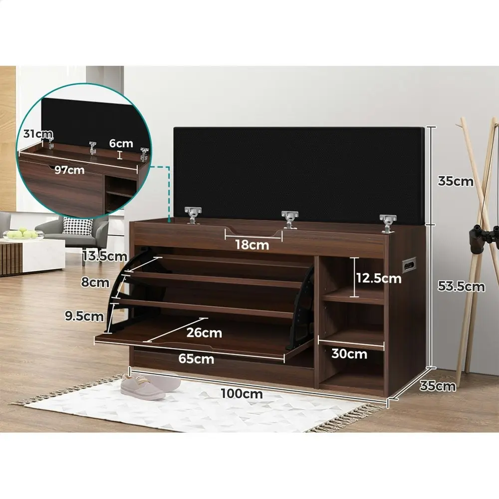 Alfordson Shoe Cabinet Bench 18 Pairs Walnut