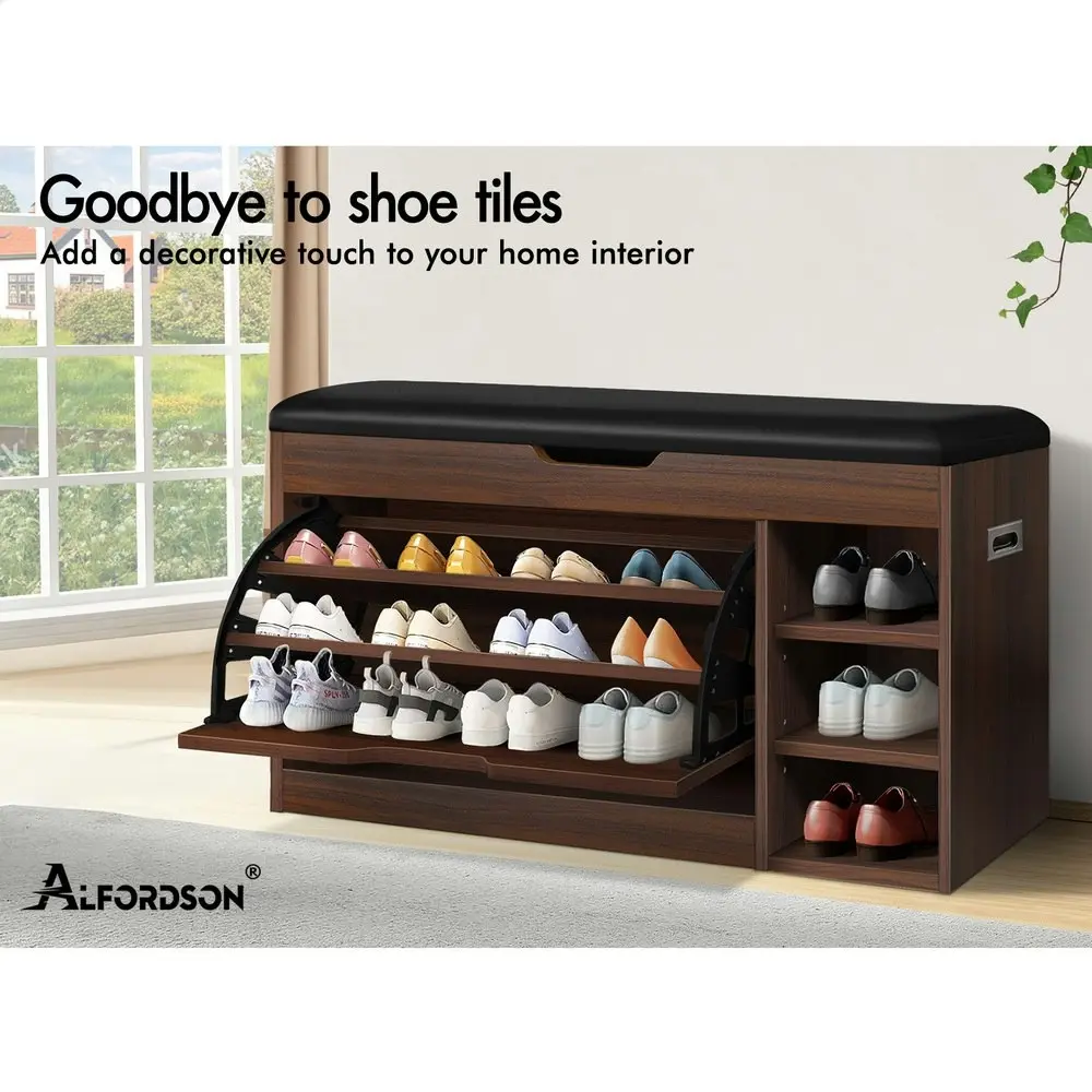 Alfordson Shoe Cabinet Bench 18 Pairs Walnut