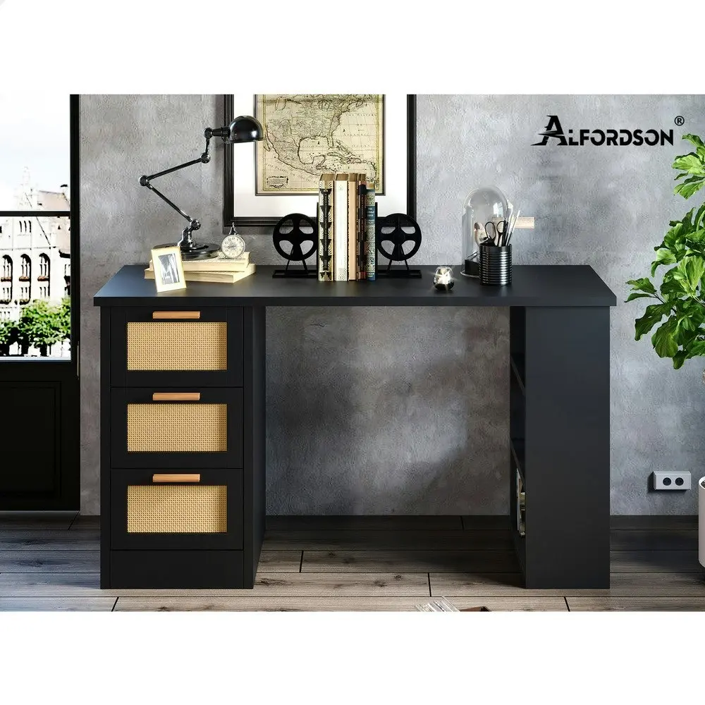 Alfordson Computer Desk Rattan Study Table Black