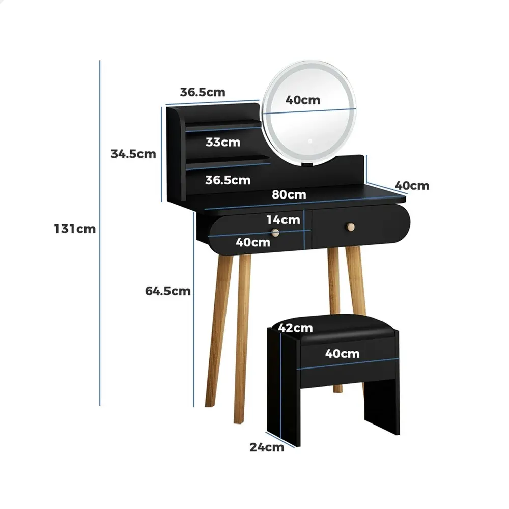 Alfordson Dressing Table Stool Set LED Light Black