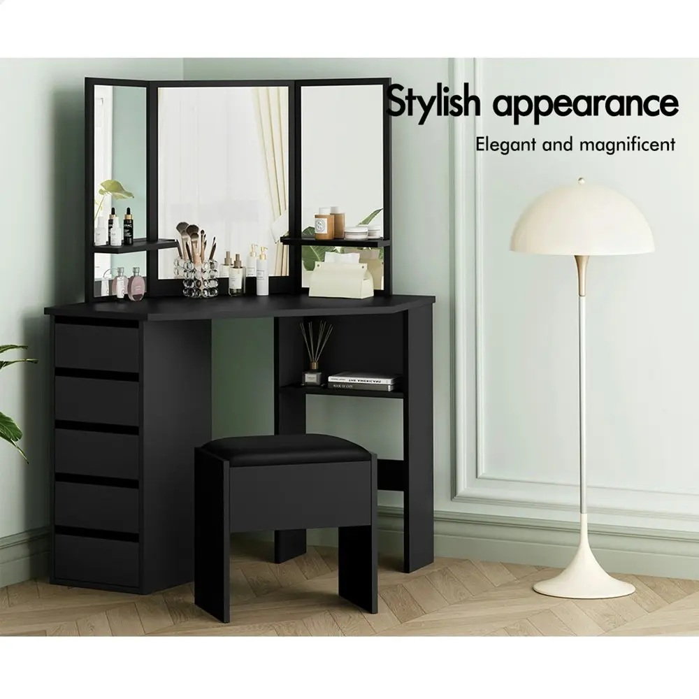 Alfordson Dressing Table Stool Set Tri-fold Black