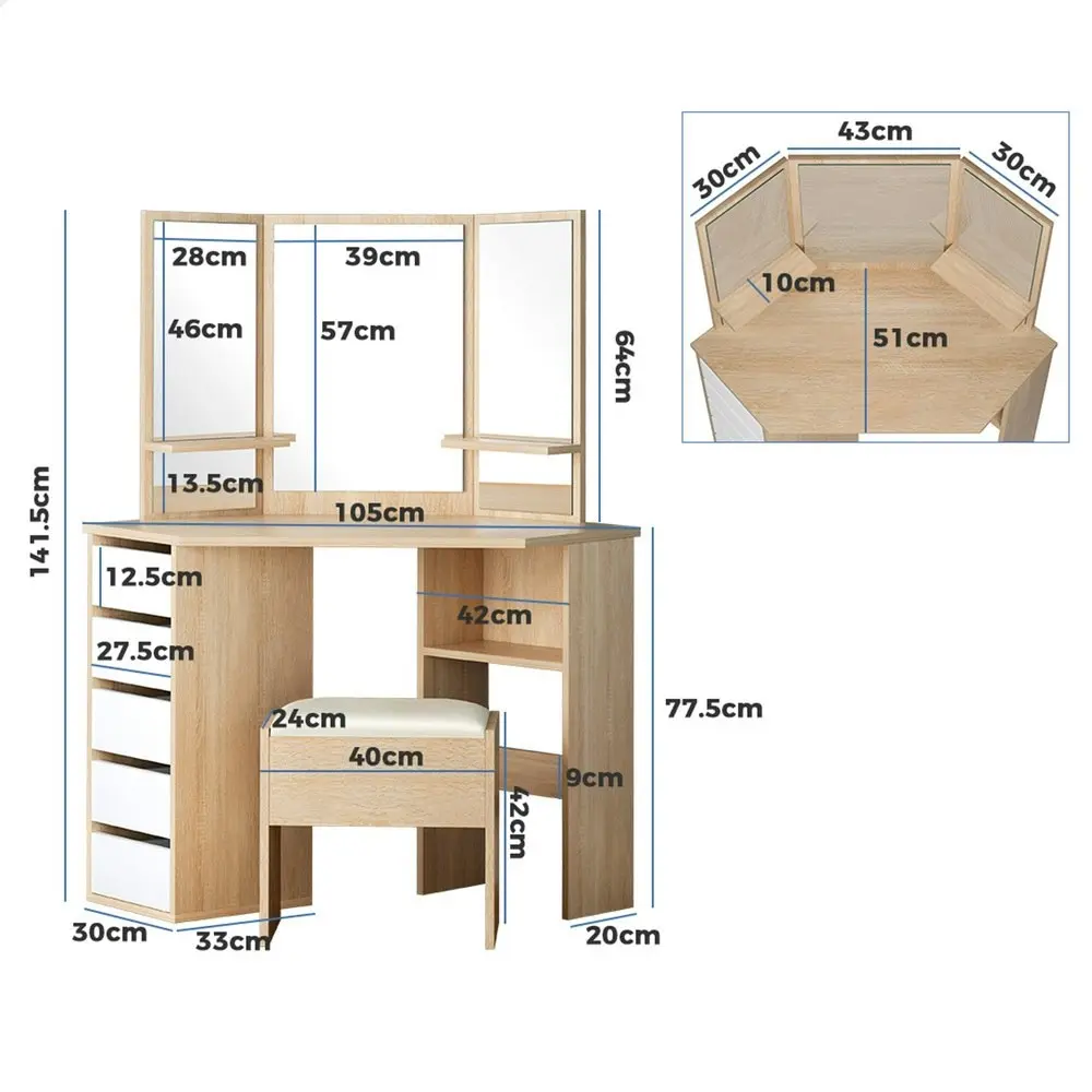 Alfordson Dressing Table Stool Set Tri-fold Oak