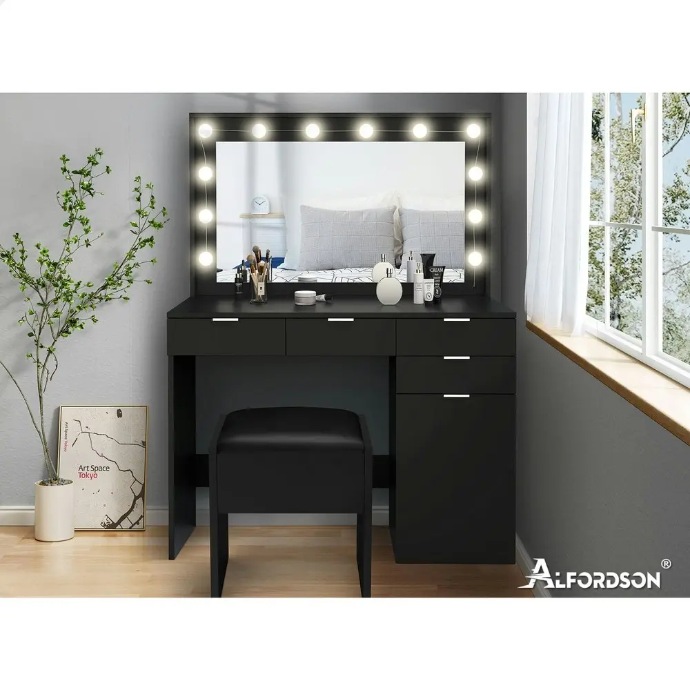 Alfordson Dressing Table Stool Set LED Bulbs Black