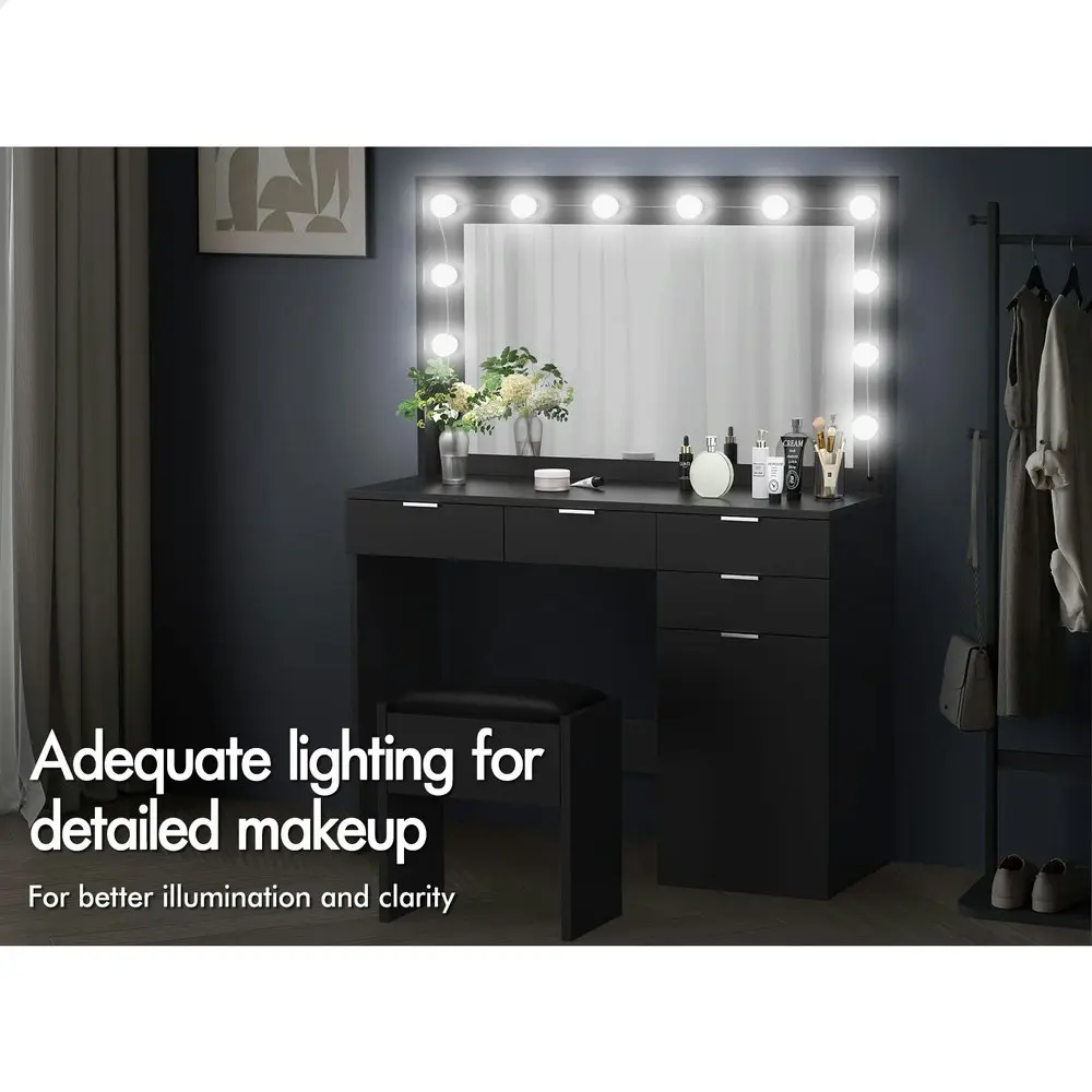 Alfordson Dressing Table Stool Set LED Bulbs Black