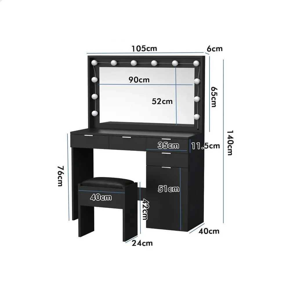 Alfordson Dressing Table Stool Set LED Bulbs Black