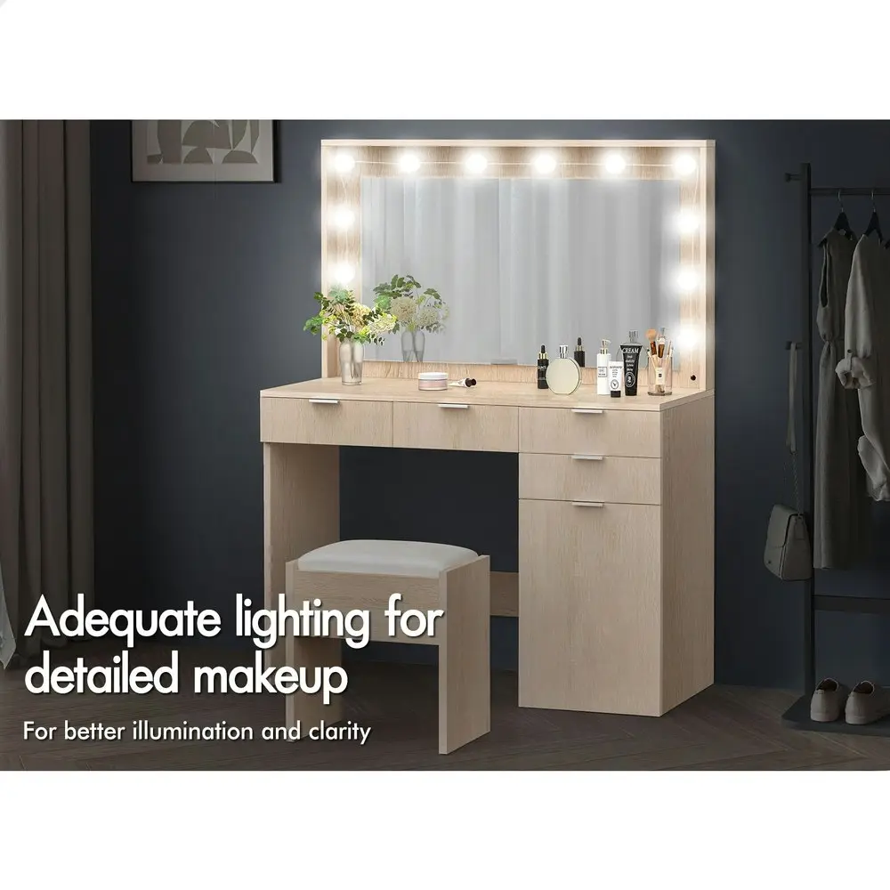 Alfordson Dressing Table Stool Set LED Bulbs Oak