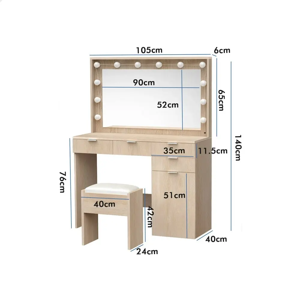 Alfordson Dressing Table Stool Set LED Bulbs Oak