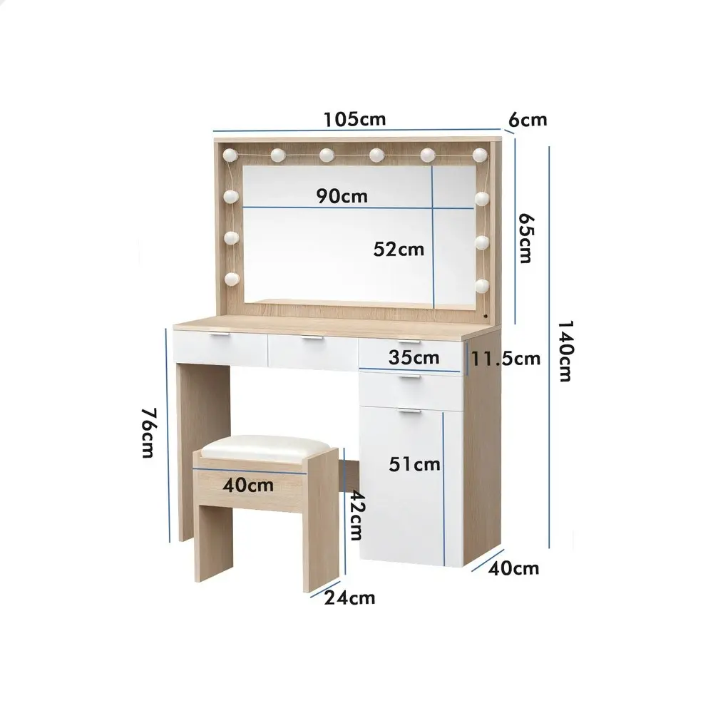 Alfordson Dressing Table Stool Set LED Bulbs Oak White