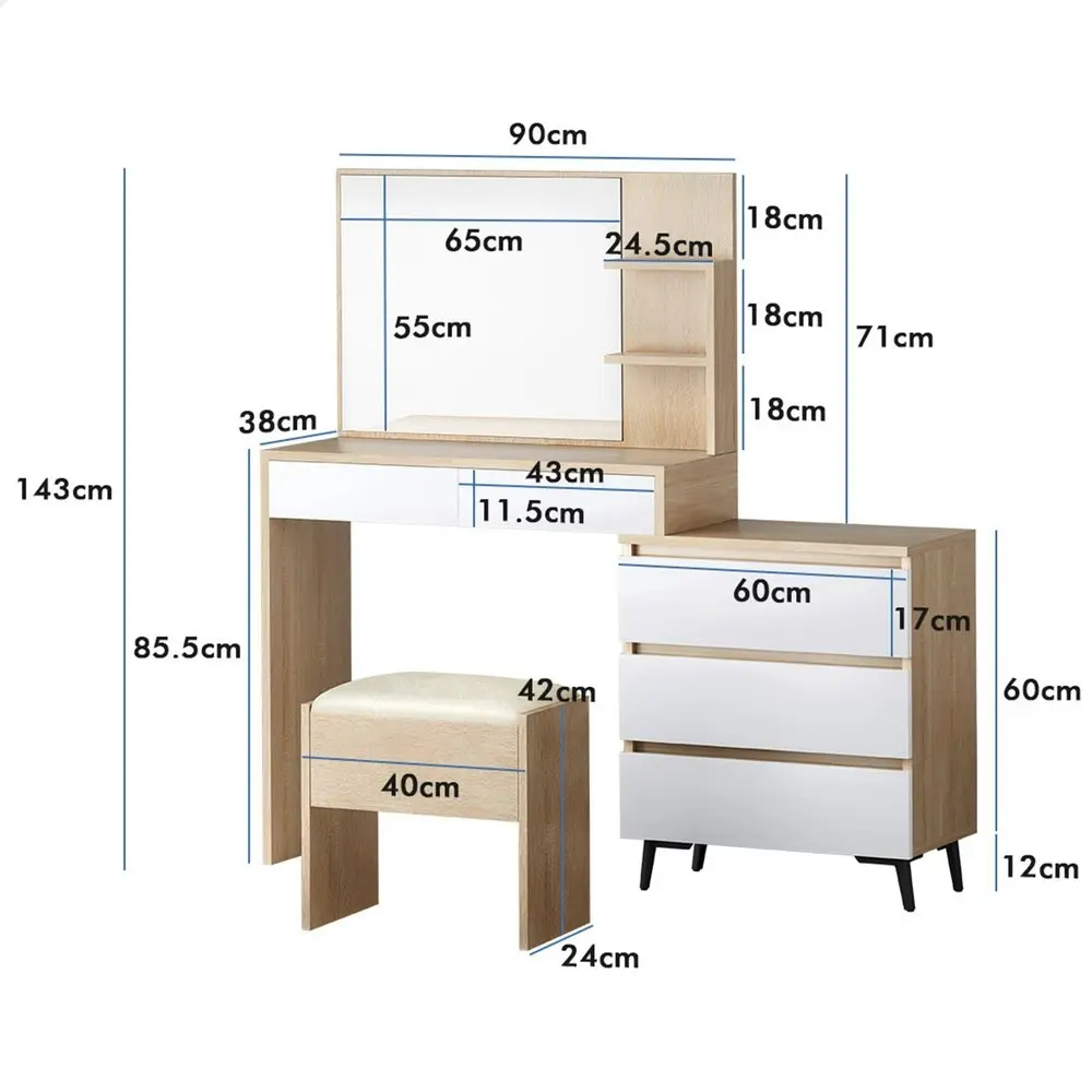 Alfordson Dressing Table Stool Set Side Cabinet Oak