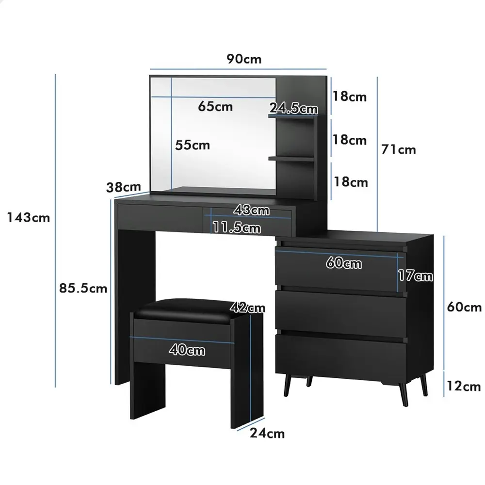 Alfordson Dressing Table Stool Set Side Cabinet Black