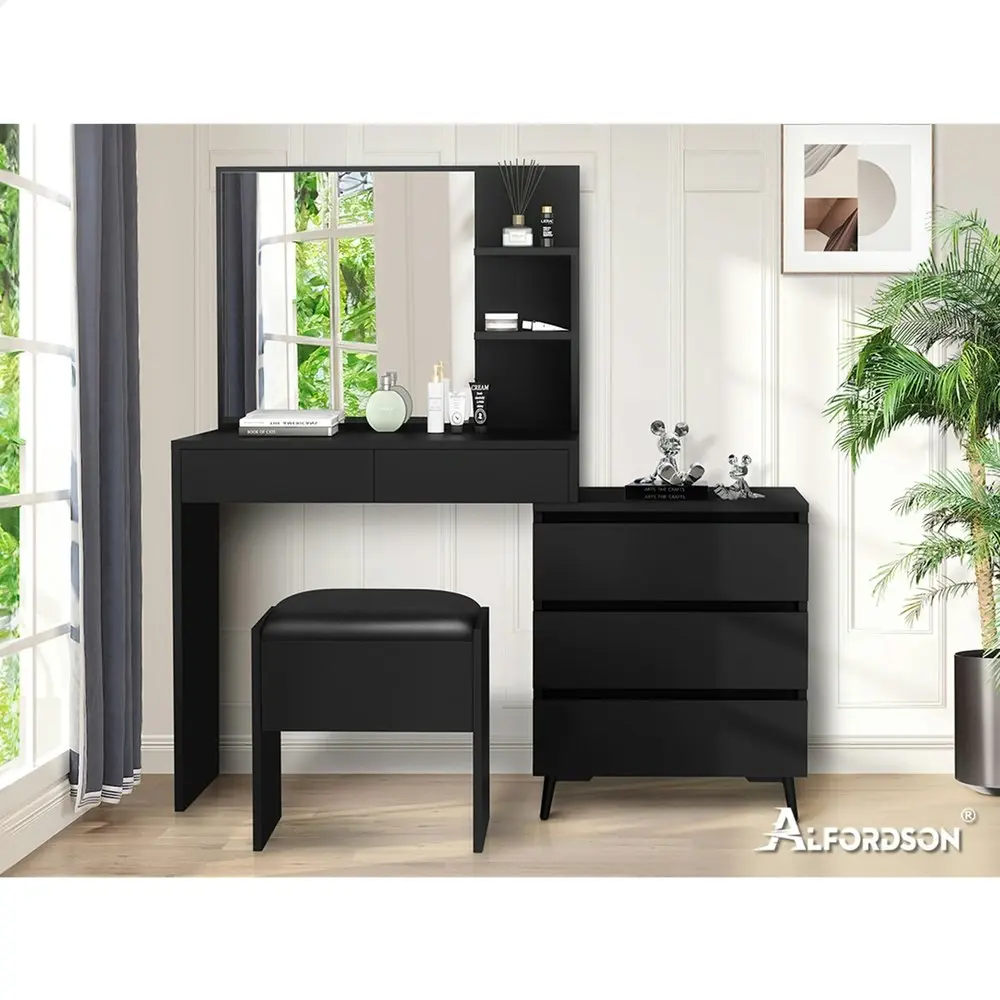 Alfordson Dressing Table Stool Set Side Cabinet Black