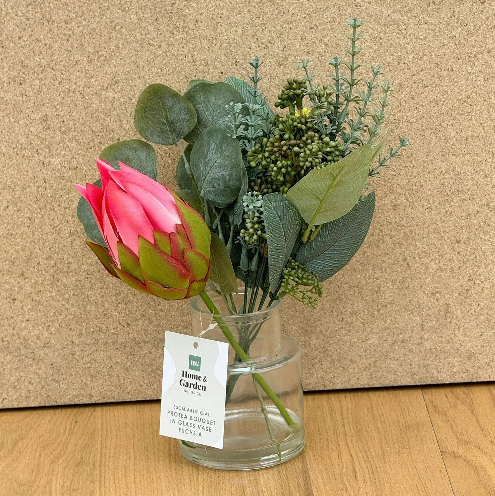 Artificial Flower Bouquet - Protea in Clear Glass Vase - Fuchsia 35cm