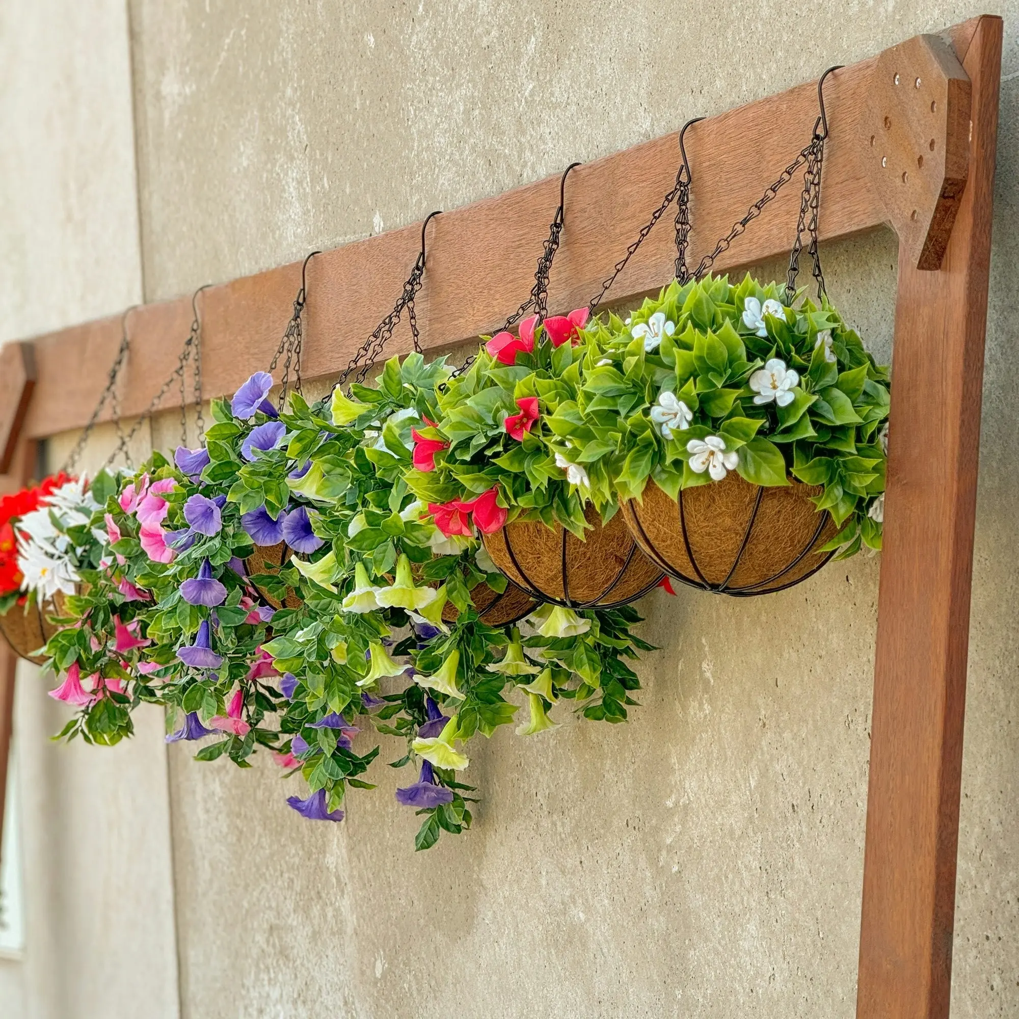 Faux Artificial White Sakura Flowers Hanging Baskets 33cm Outdoor