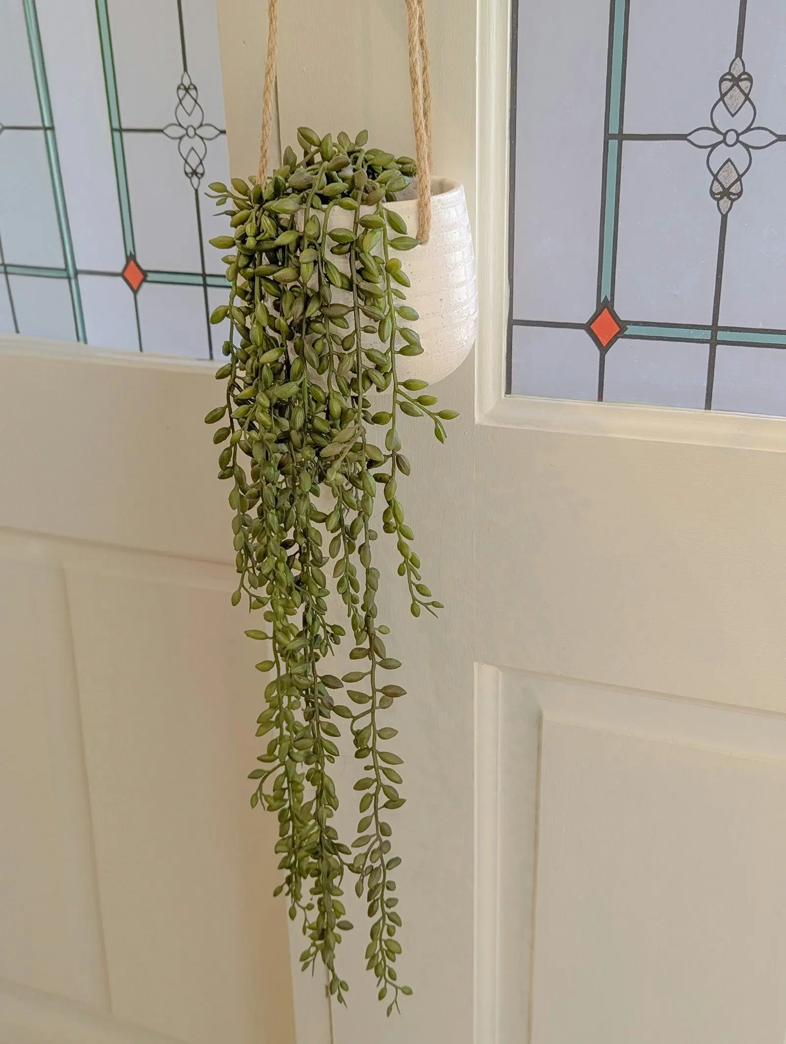 Artificial Hanging String of Pearls Plant with white Ceramic Pot 50cm