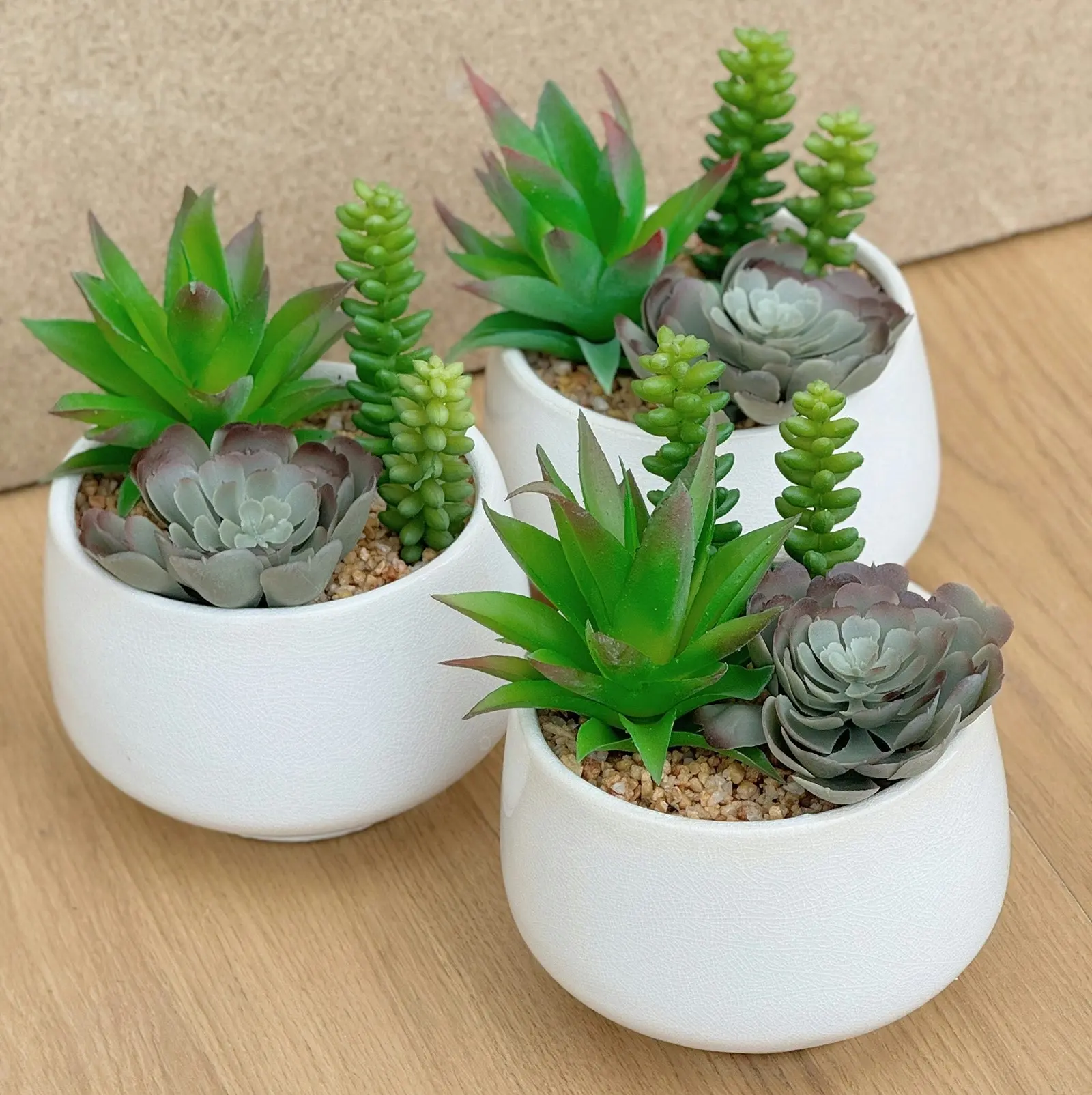 3 pots of Artificial Succulents - Trio in White Pot 19cm