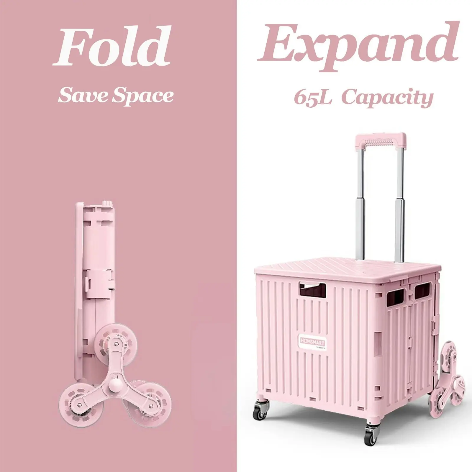 Viviendo 65L Foldable Shopping Trolley Cart Portable Grocery Basket Climbing Wheel with Top Cover - Pink