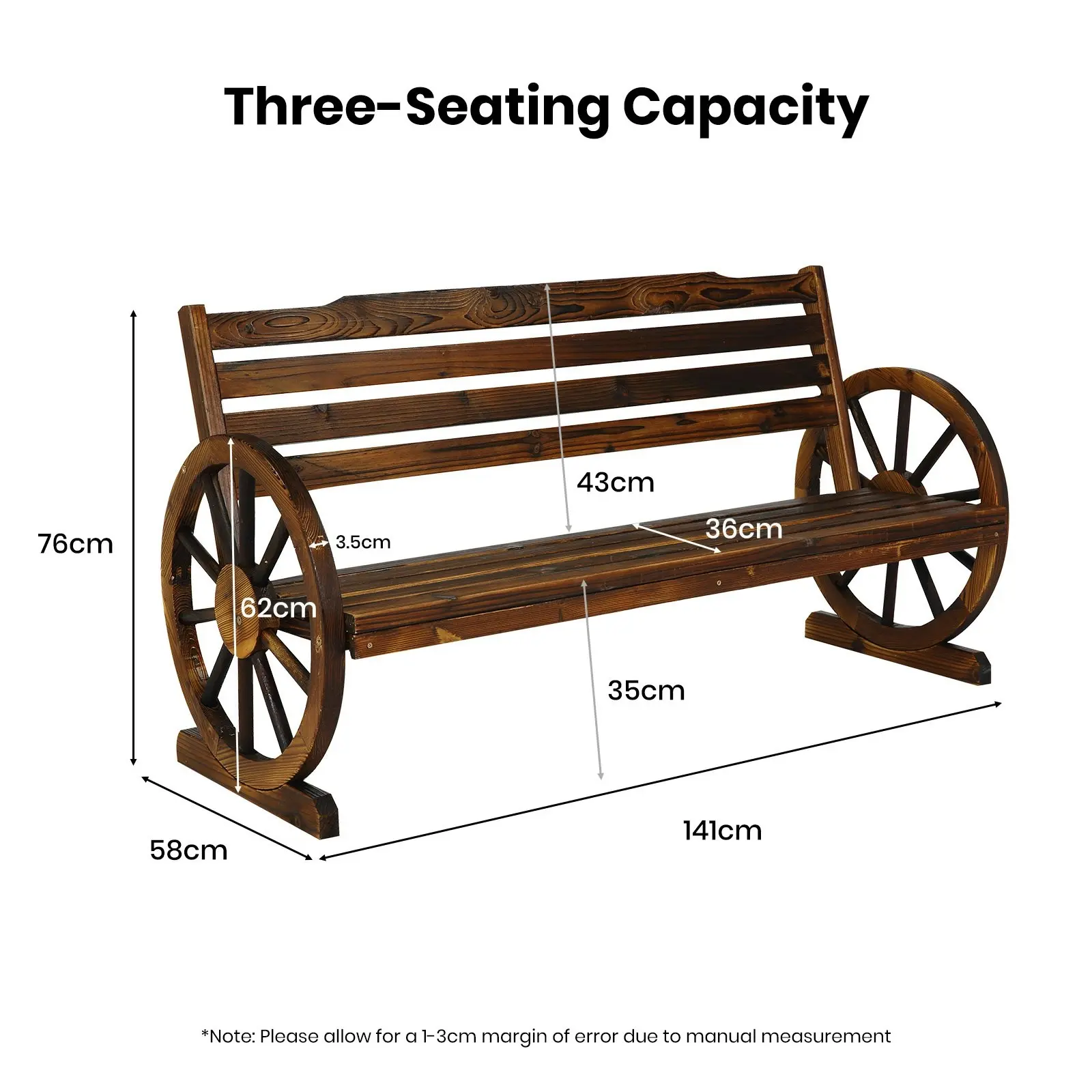 HortiKraft Wooden Wagon Wheels Bench Outdoor Chair 3-Seater Garden Furniture - Charcoal