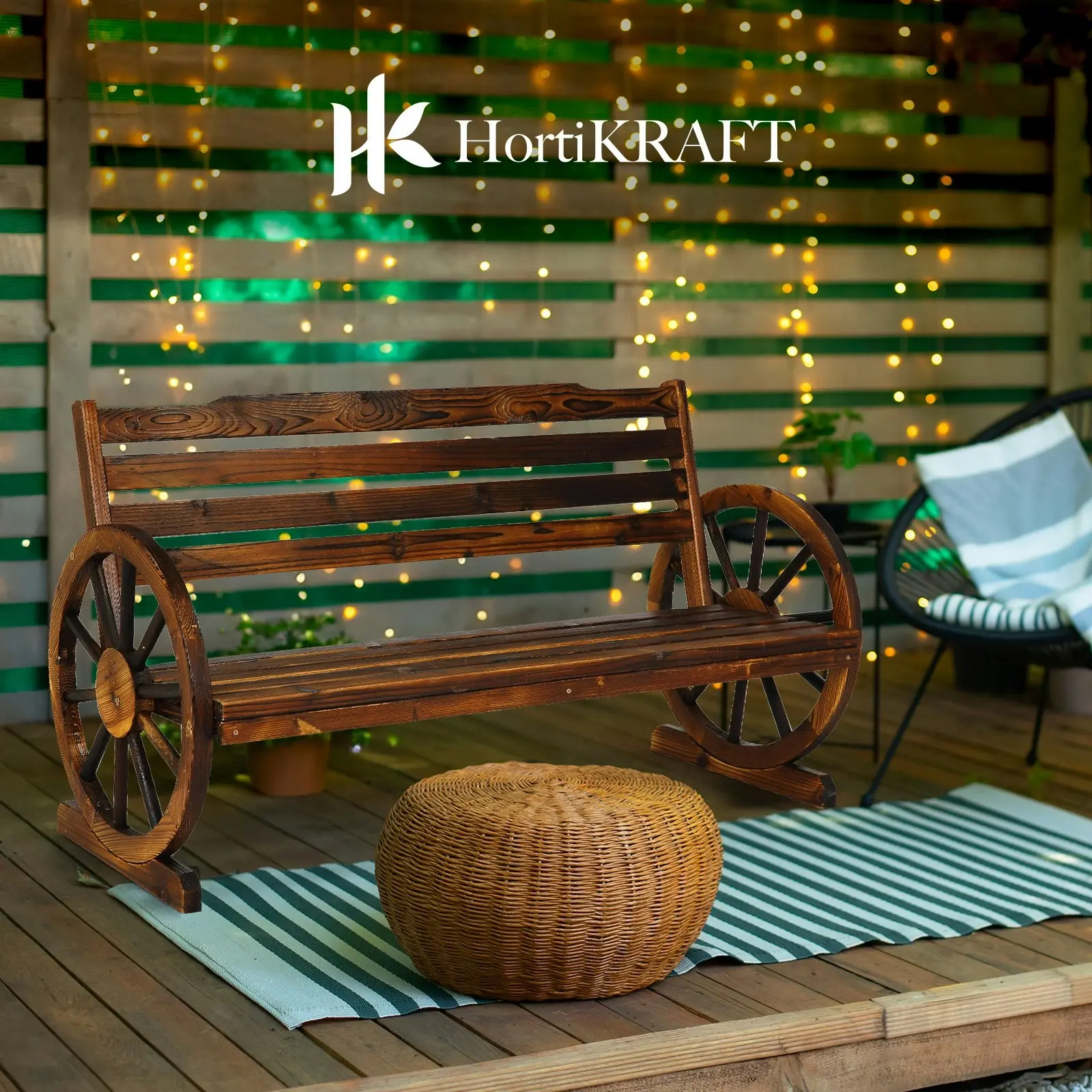 HortiKraft Wooden Wagon Wheels Bench Outdoor Chair 3-Seater Garden Furniture - Charcoal