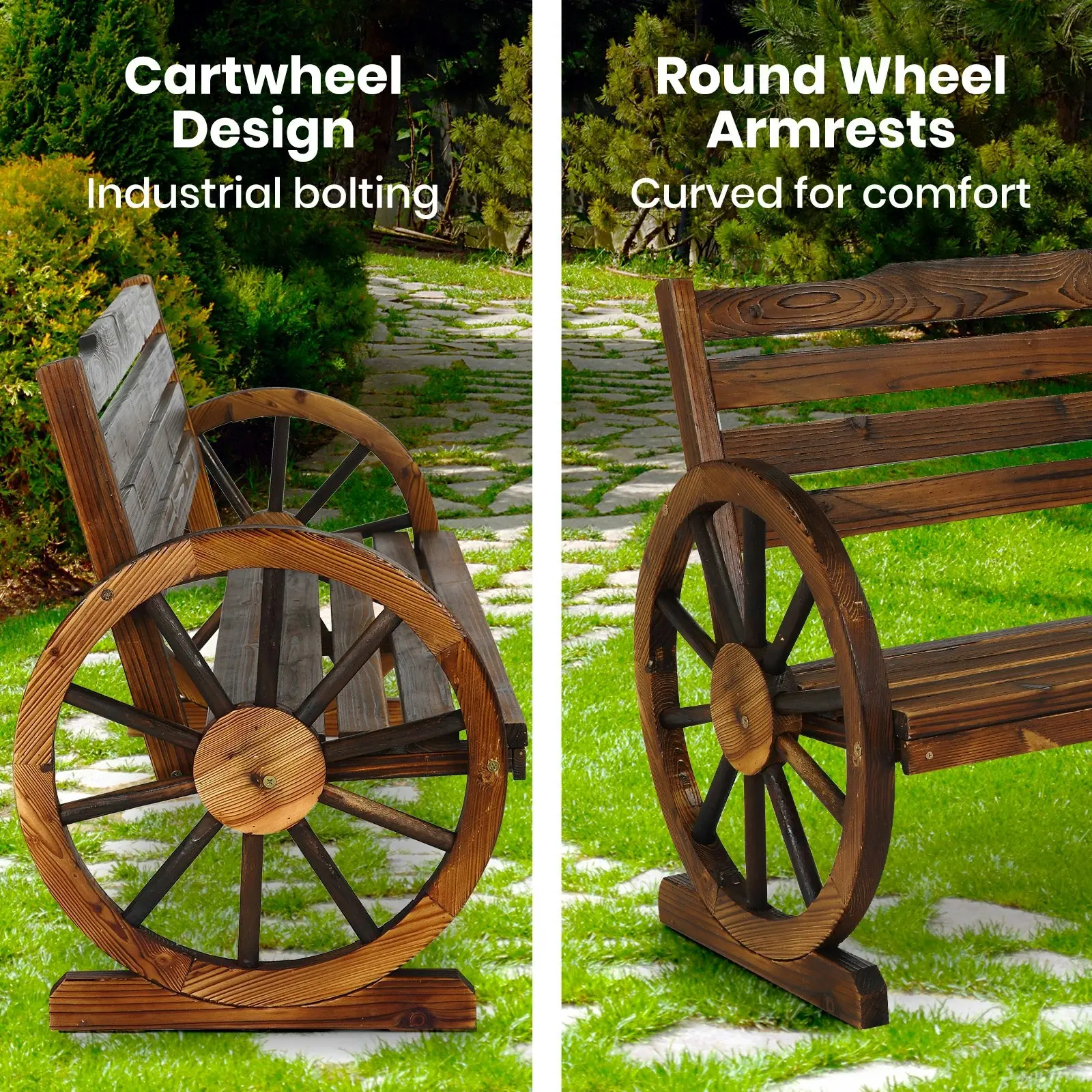 HortiKraft Wooden Wagon Wheels Bench Outdoor Chair 3-Seater Garden Furniture - Charcoal