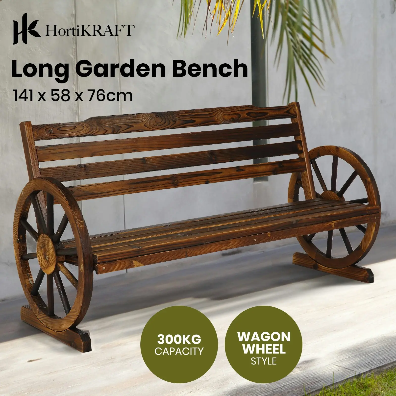 HortiKraft Wooden Wagon Wheels Bench Outdoor Chair 3-Seater Garden Furniture - Charcoal