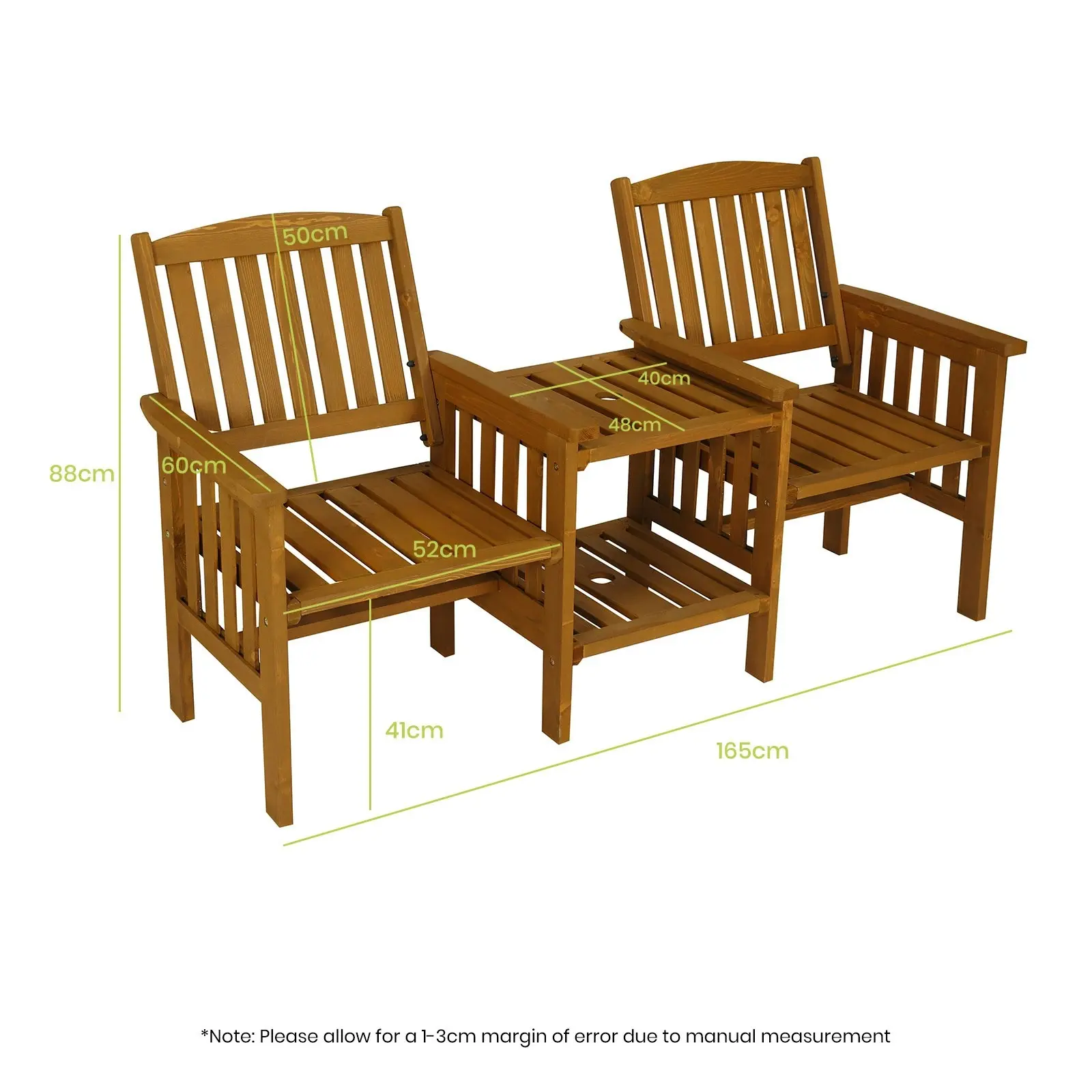 HortiKraft Wooden Garden Bench Outdoor Twin Loveseat 2-Seater Table Furniture - Brown