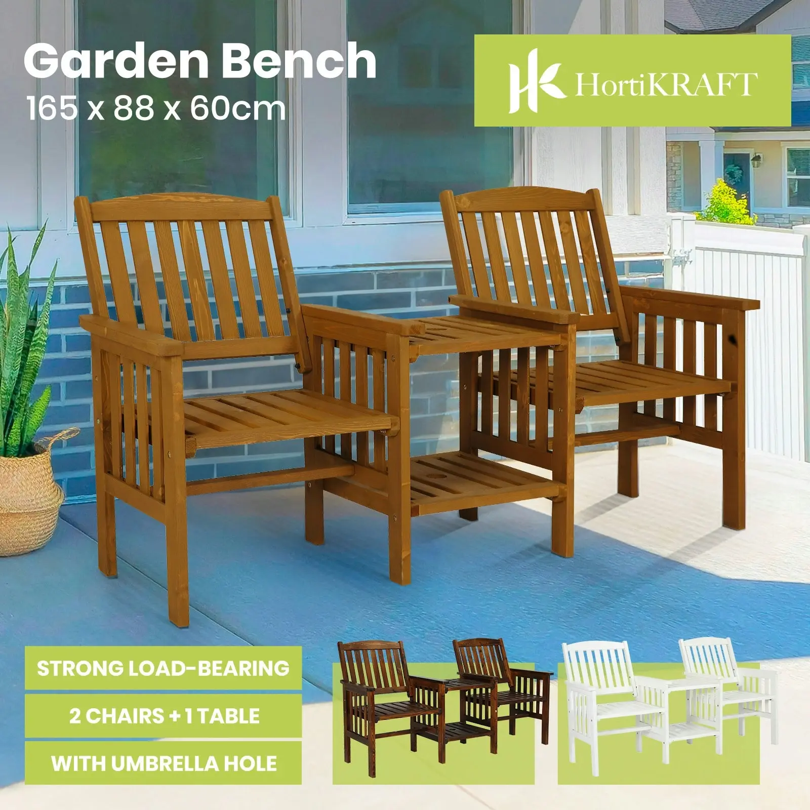 HortiKraft Wooden Garden Bench Outdoor Twin Loveseat 2-Seater Table Furniture - Brown