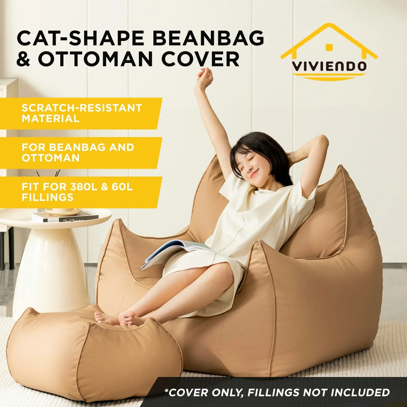 Viviendo Lazy Sofa Cozy Bean Bag Chair with Ottoman - Beige