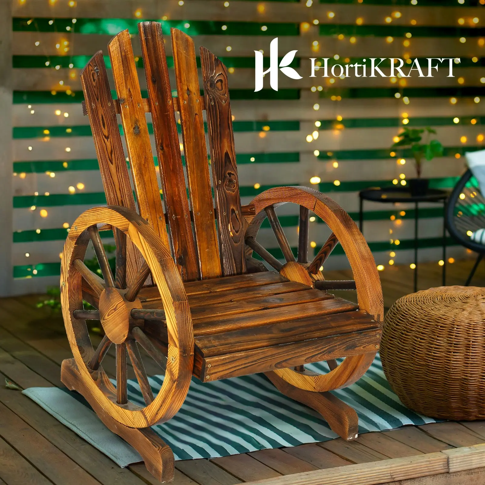 HortiKraft Wooden Wagon Wheels Chair Bench Outdoor Single Garden Furniture Patio