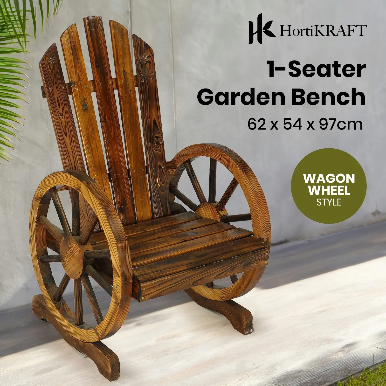 HortiKraft Wooden Wagon Wheels Chair Bench Outdoor Single Garden Furniture Patio