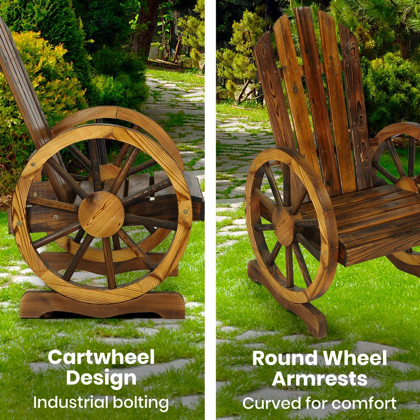 HortiKraft Wooden Wagon Wheels Chair Bench Outdoor Single Garden Furniture Patio