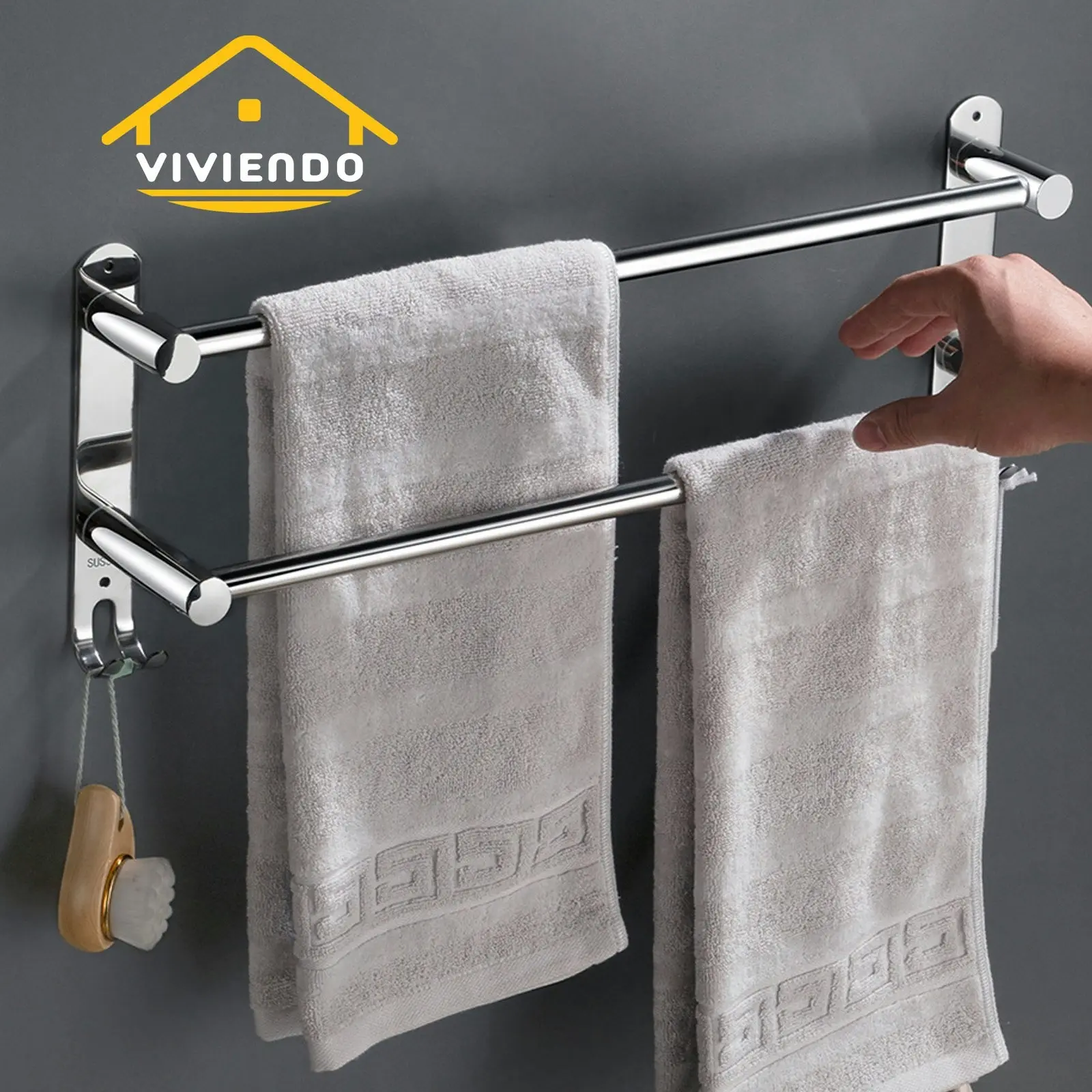 Viviendo Stylish Stainless Steel Adjustable Bathroom Towel Rack Rail Holder with Hooks â€“ One Tier