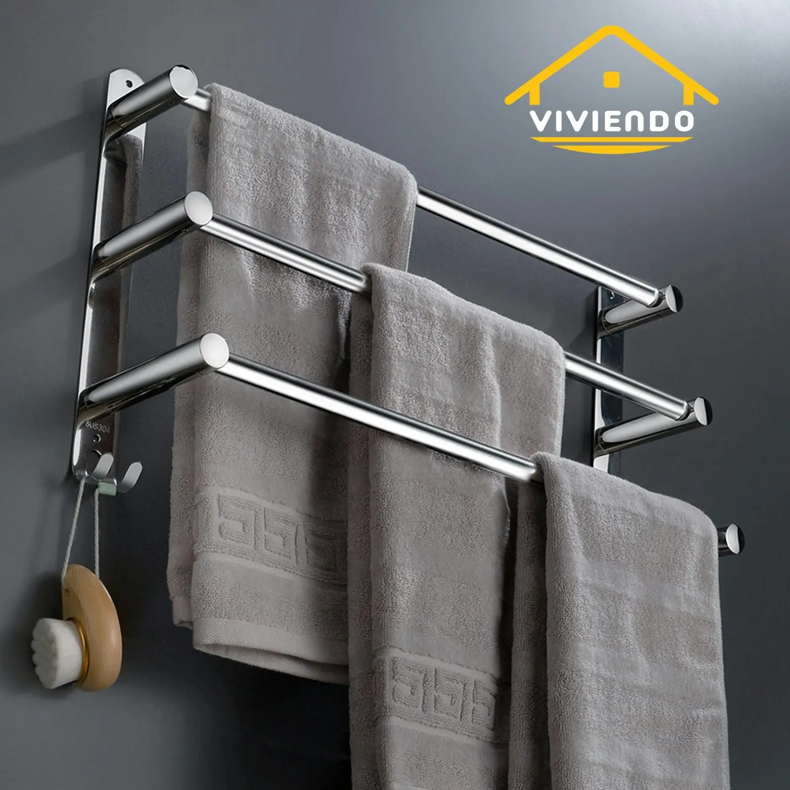 Viviendo Stylish Stainless Steel Adjustable Bathroom Towel Rack Rail Holder with Hooks â€“ One Tier