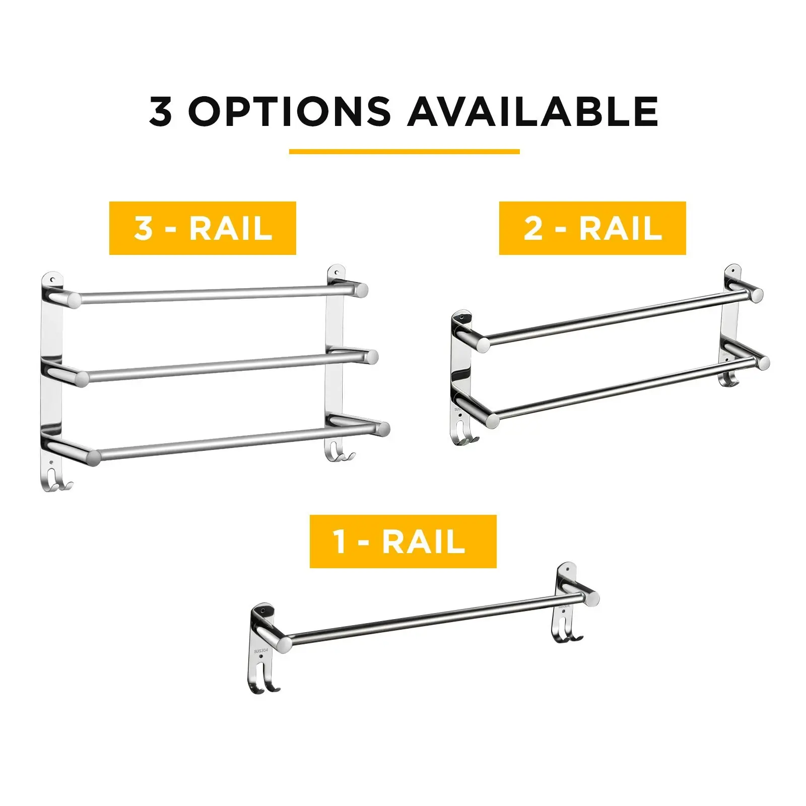 Viviendo Stylish Stainless Steel Adjustable Bathroom Towel Rack Rail Holder with Hooks â€“ One Tier