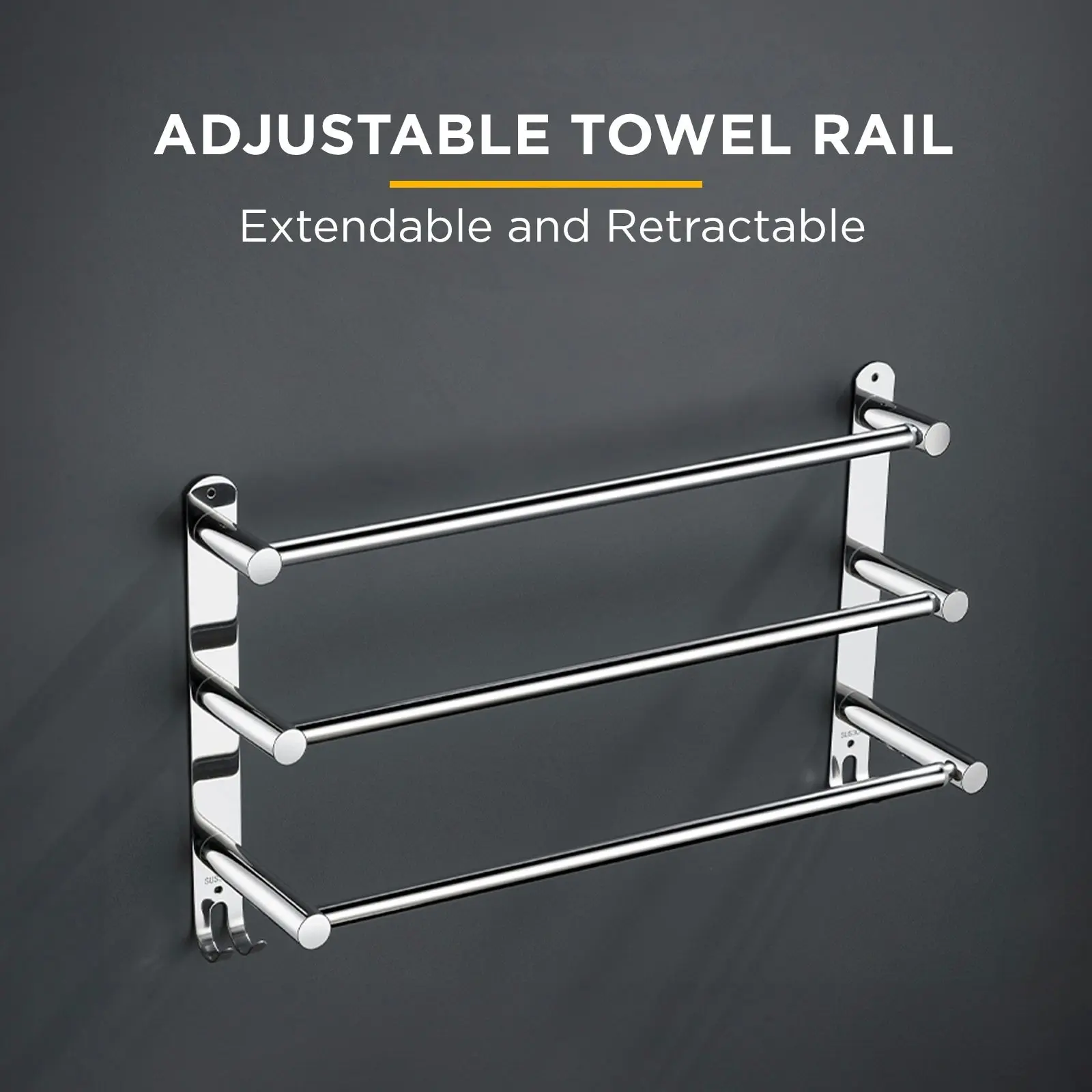 Viviendo Stylish Stainless Steel Adjustable Bathroom Towel Rack Rail Holder with Hooks â€“ One Tier