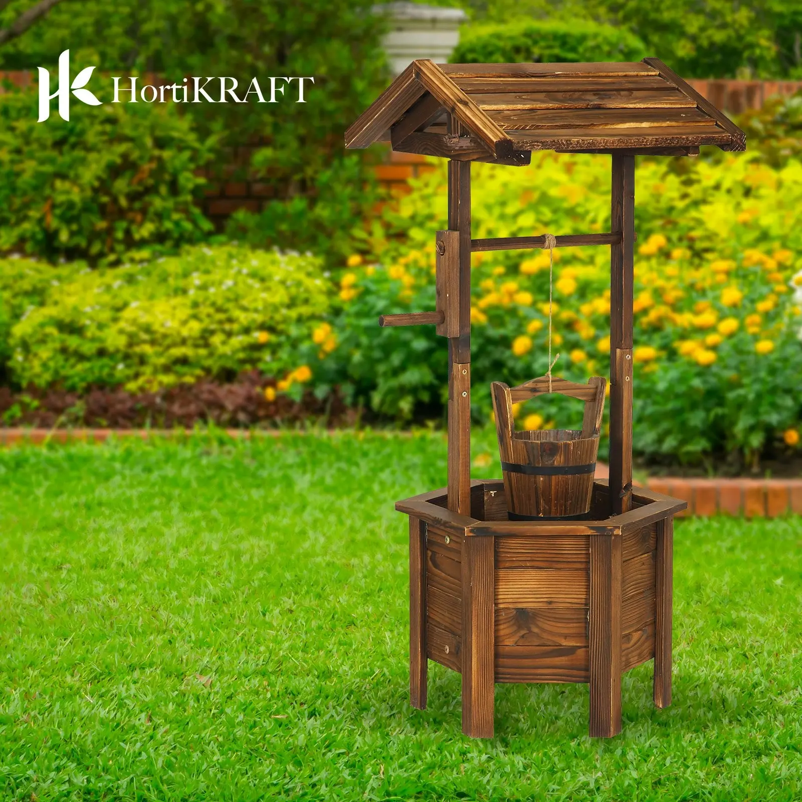 HortiKraft Wooden Wishing Well Outdoor Garden Décor Hexagonal Base Fir Wood