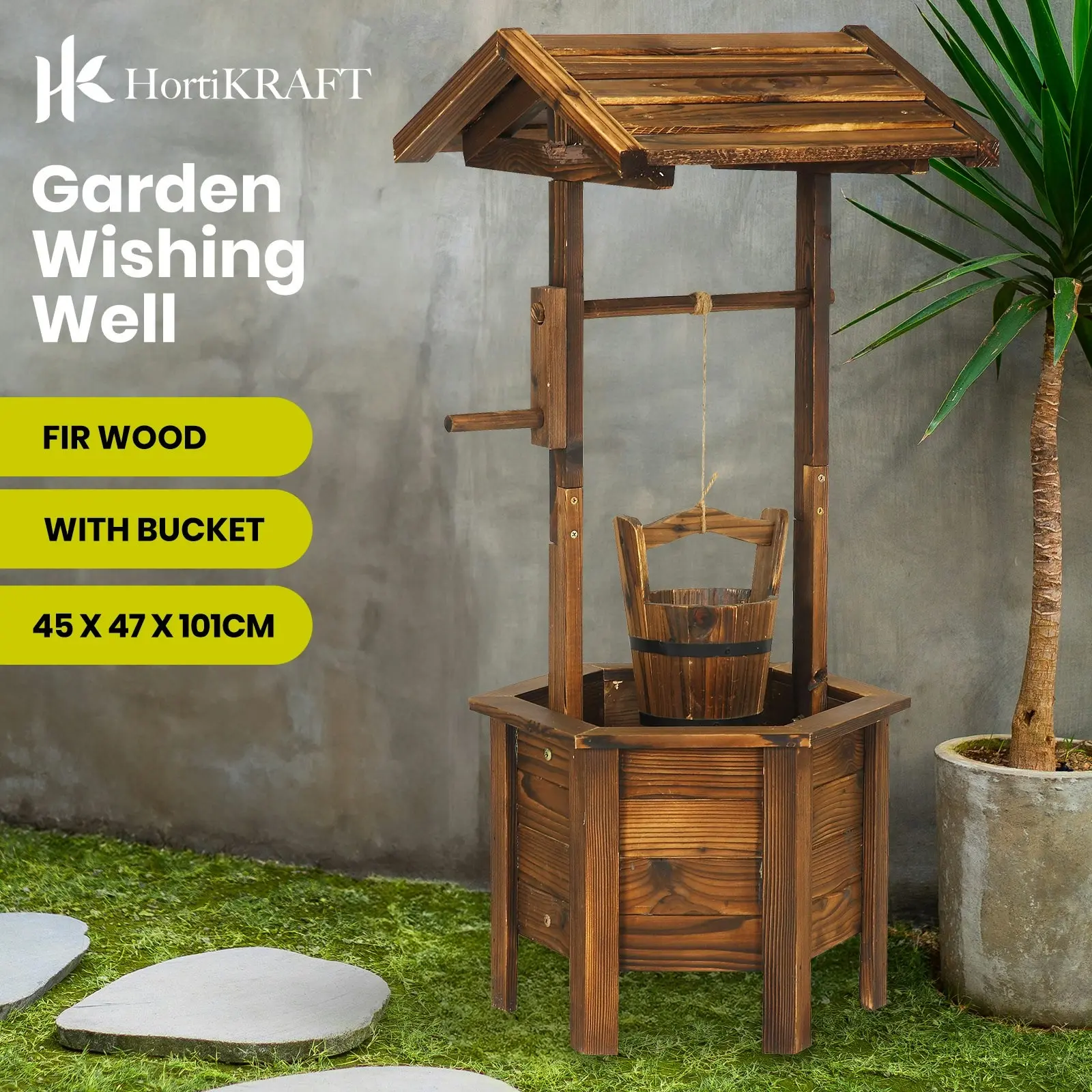 HortiKraft Wooden Wishing Well Outdoor Garden Décor Hexagonal Base Fir Wood