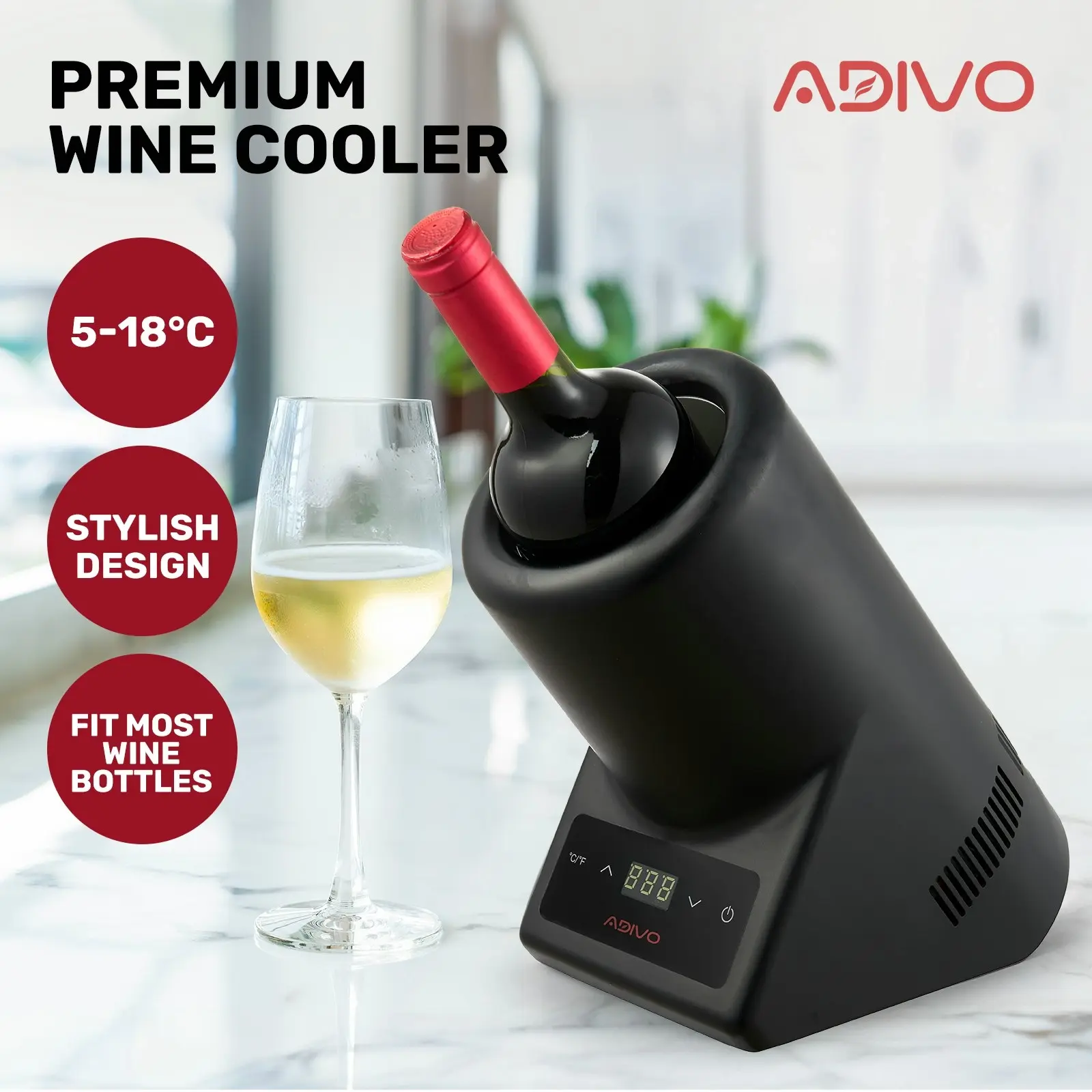 ADIVO Premium Electric Wine Chiller Cooler Iceless Bottle Bucket Storage 750ml Fast Portable