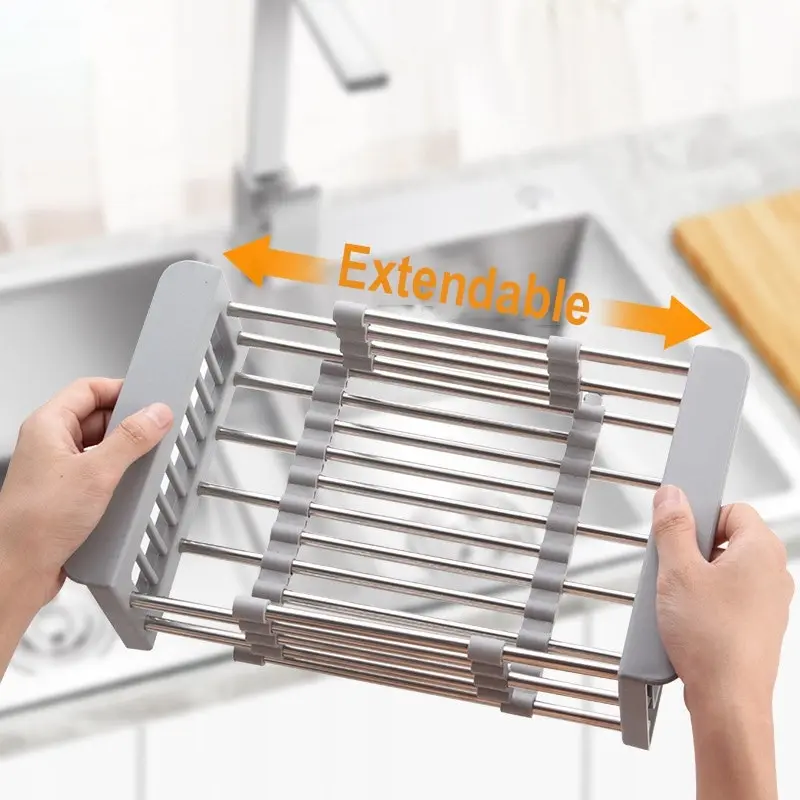 Expandable In Sink Kitchen Dish Drying Rack, Over The Sink Dish Drainer in Stainless Steel and ABS