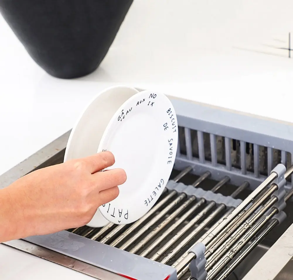 Expandable In Sink Kitchen Dish Drying Rack, Over The Sink Dish Drainer in Stainless Steel and ABS