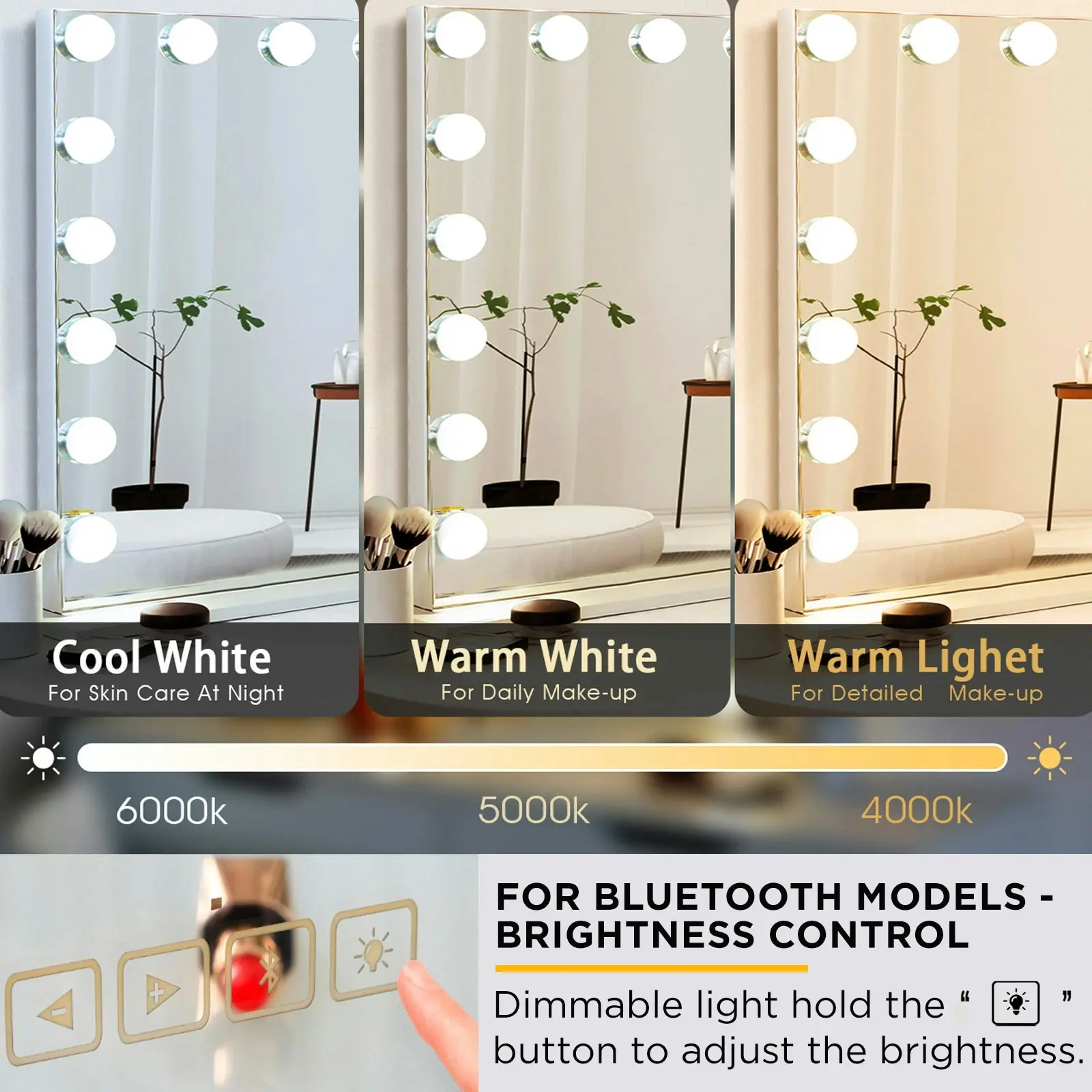 Viviendo Hollywood LED Lighted Makeup Mirror with 15 Dimmable Bulbs, Tabletop or Wall-Mounted, White