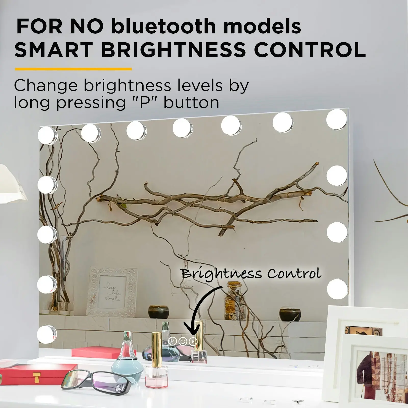 Viviendo Hollywood LED Lighted Makeup Mirror with 15 Dimmable Bulbs, Tabletop or Wall-Mounted, White