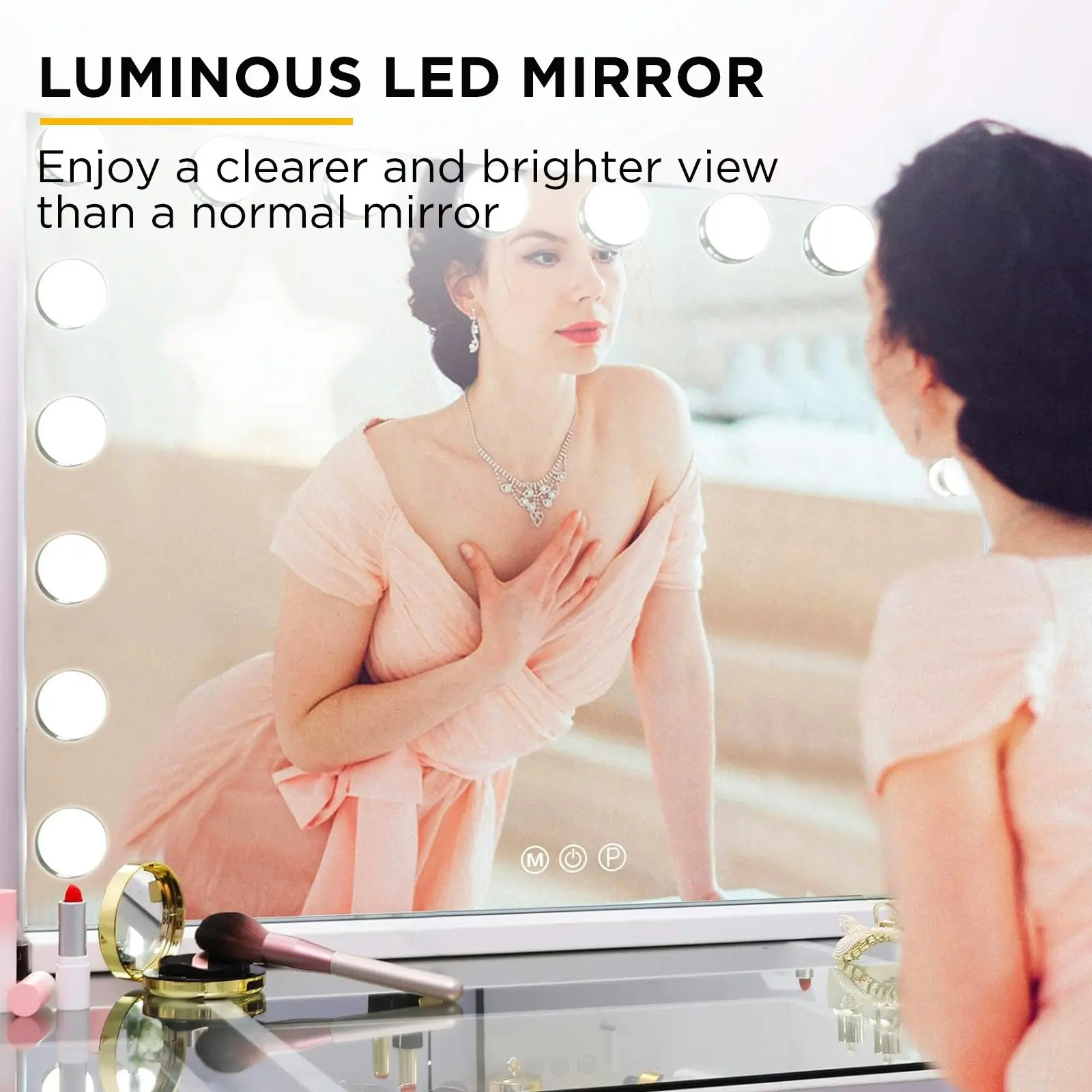 Viviendo Hollywood LED Lighted Makeup Mirror with 15 Dimmable Bulbs, Tabletop or Wall-Mounted, White