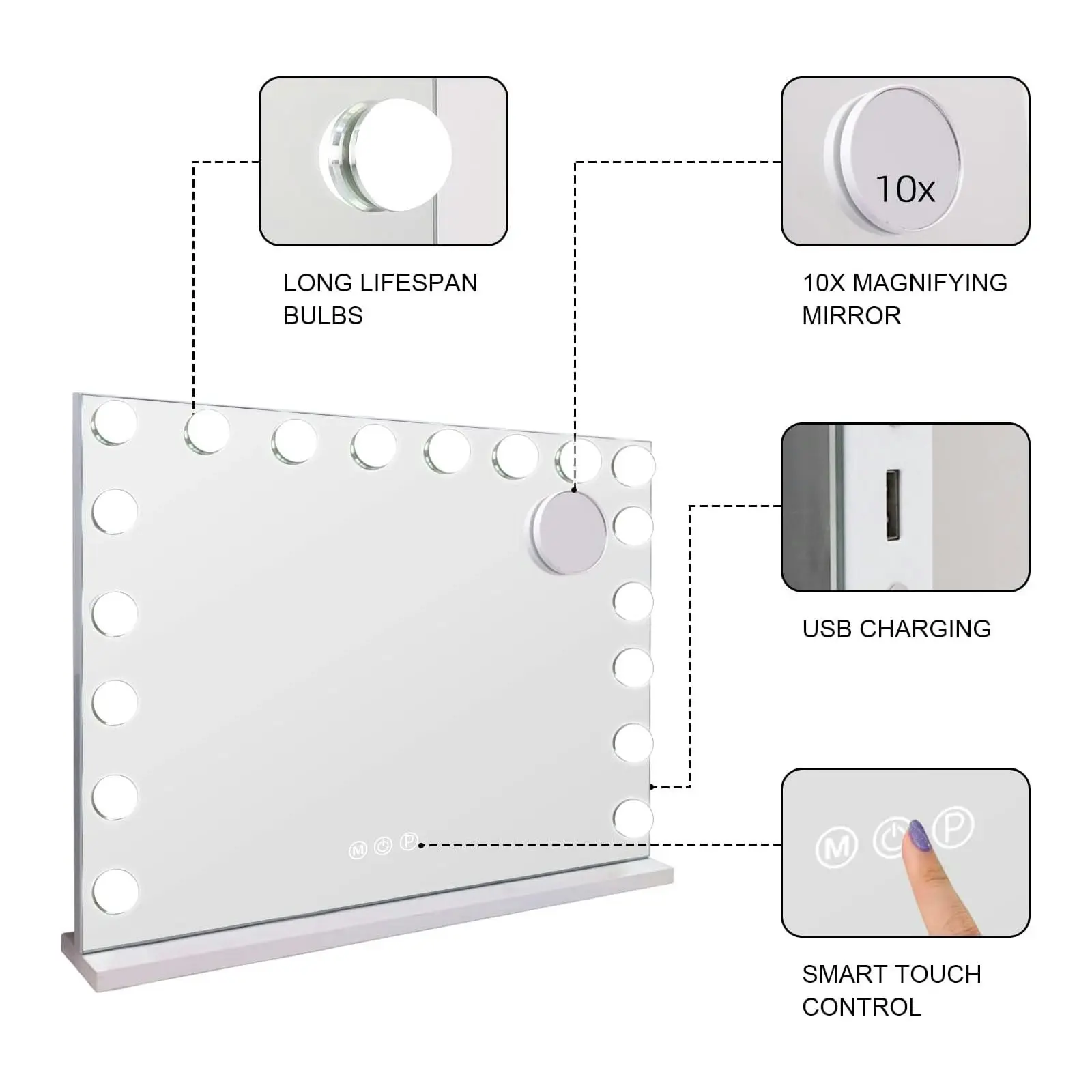 Viviendo Hollywood LED Lighted Makeup Mirror with 15 Dimmable Bulbs, Tabletop or Wall-Mounted, White